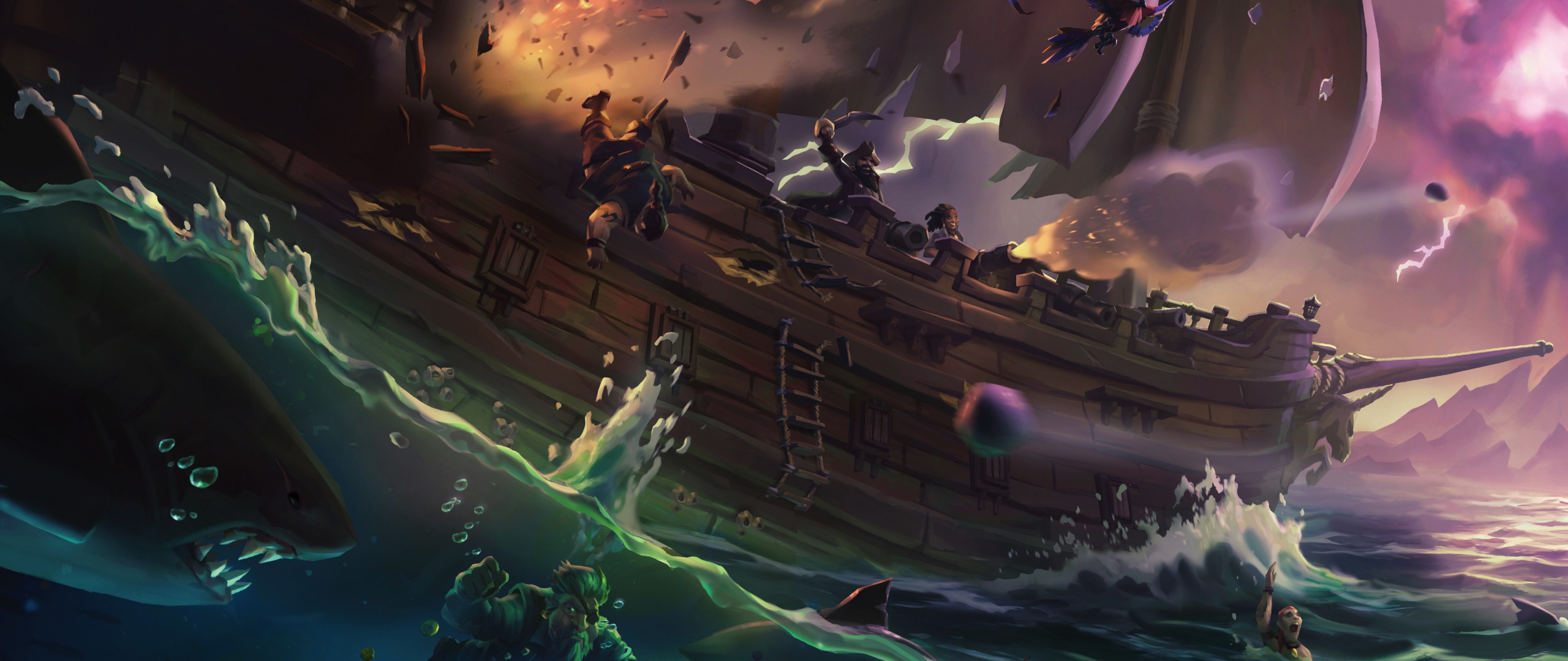Sea of thieves, ship, pirates, video game, 2560x1080 wallpaper