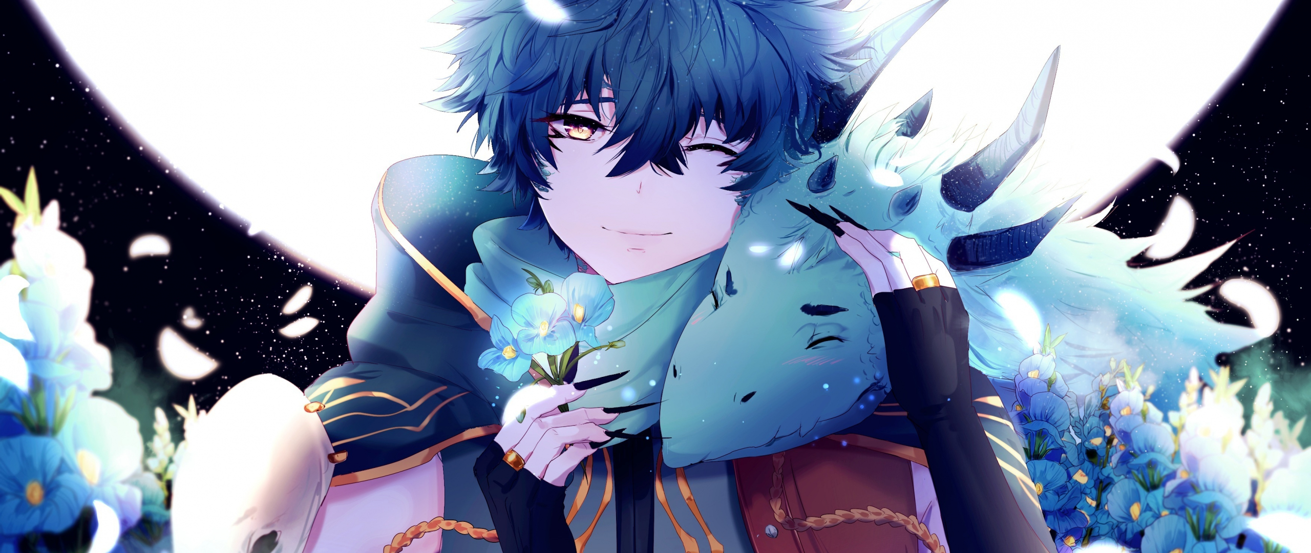 Download 2560x1080 Wallpaper Anime Boy Dragon Blue Flowers