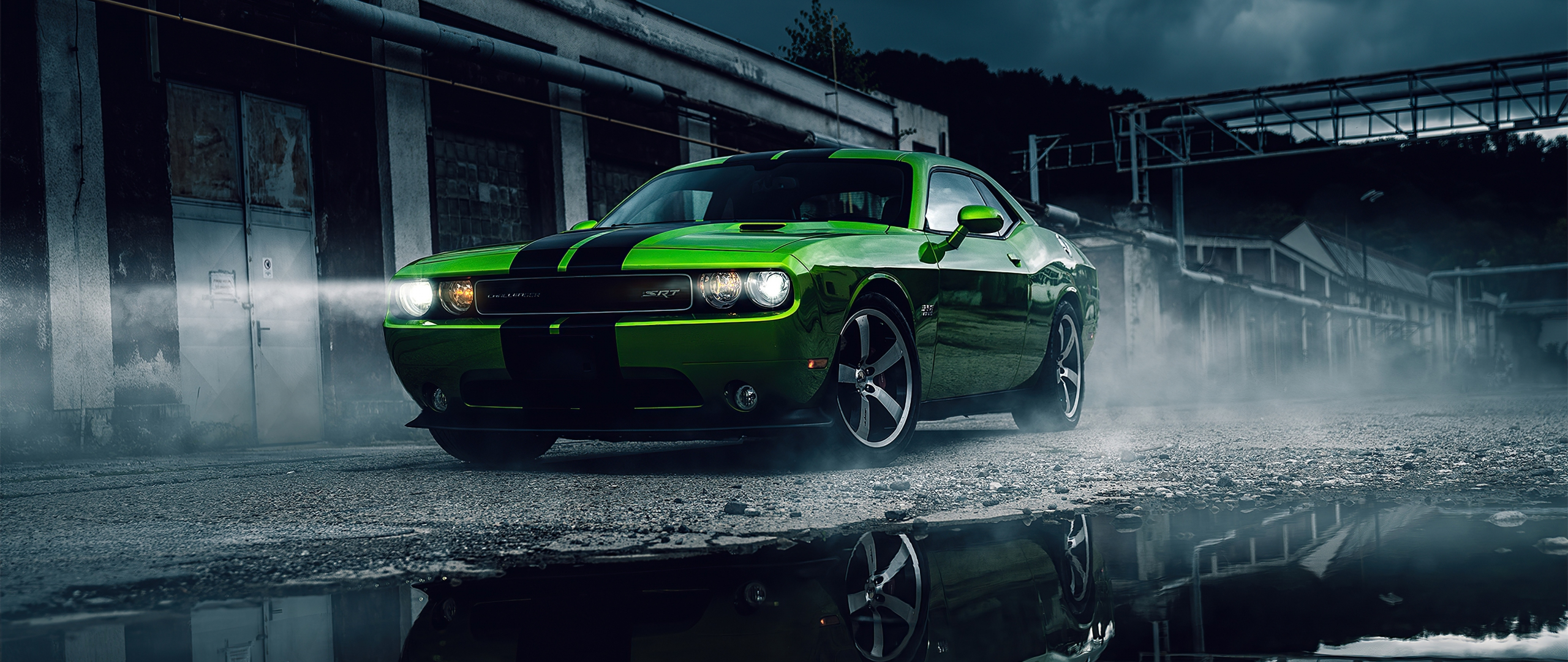 Green Dodge Challenger, muscle car, 2020, 2560x1080 wallpaper