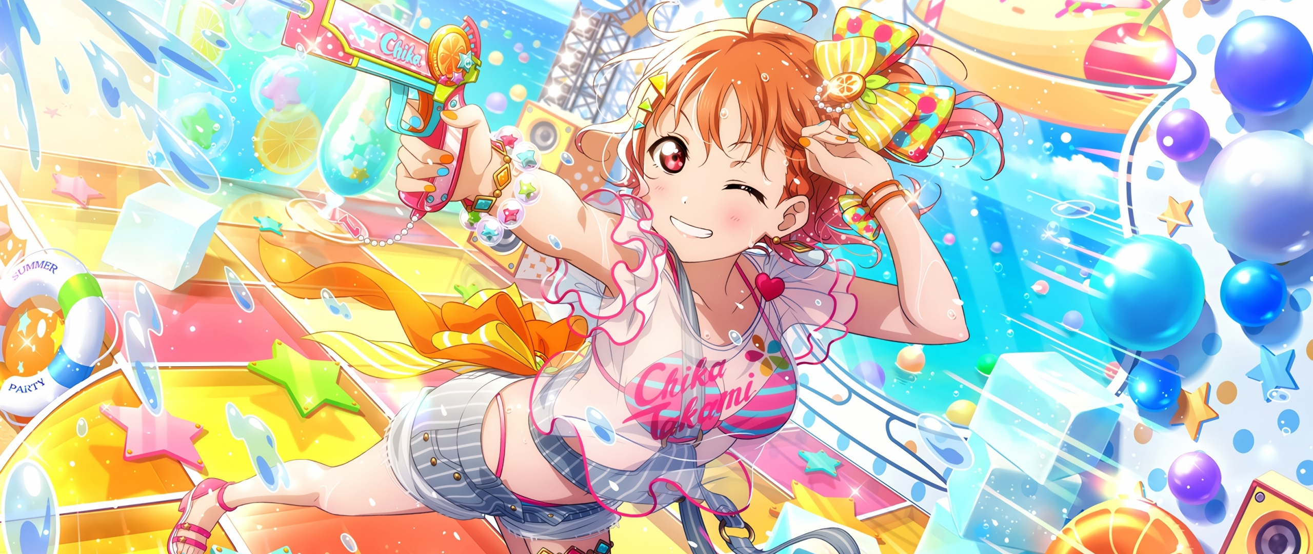 Anime girl, play, Love Live!, water fun, 2560x1080 wallpaper