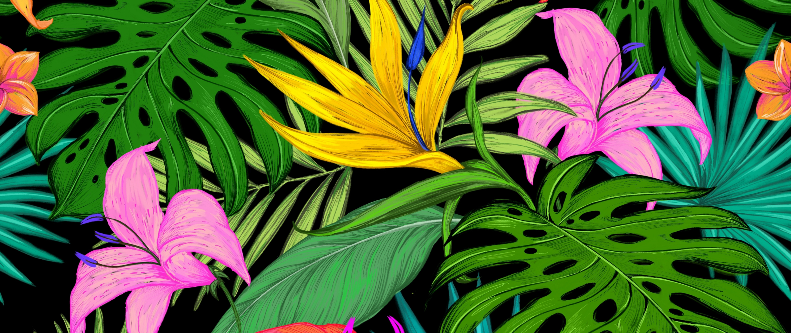 Pattern, tropical, flowers, leaves, 2560x1080 wallpaper