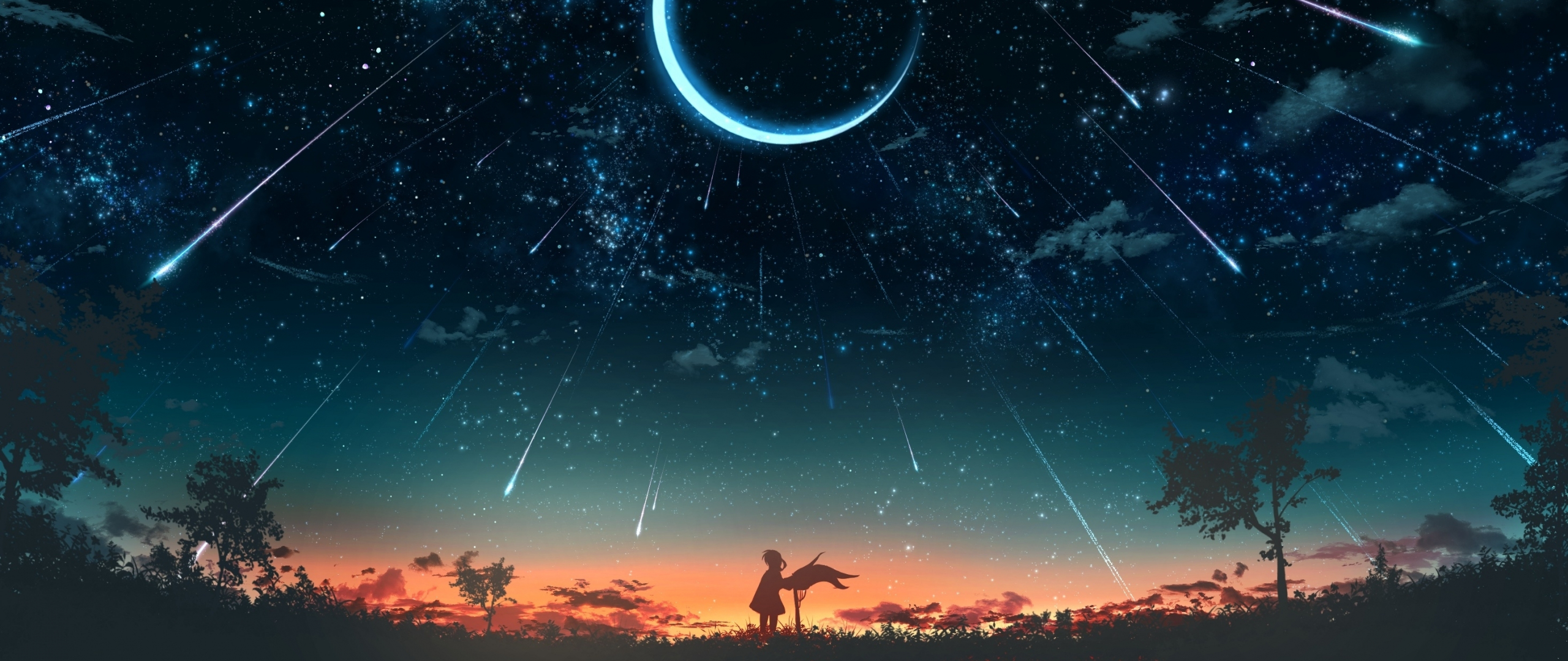 Download Anime Original Night Crescent Silhouette Star Trails 2560x1080 Wallpaper Dual Wide 2560x1080 Hd Image Background