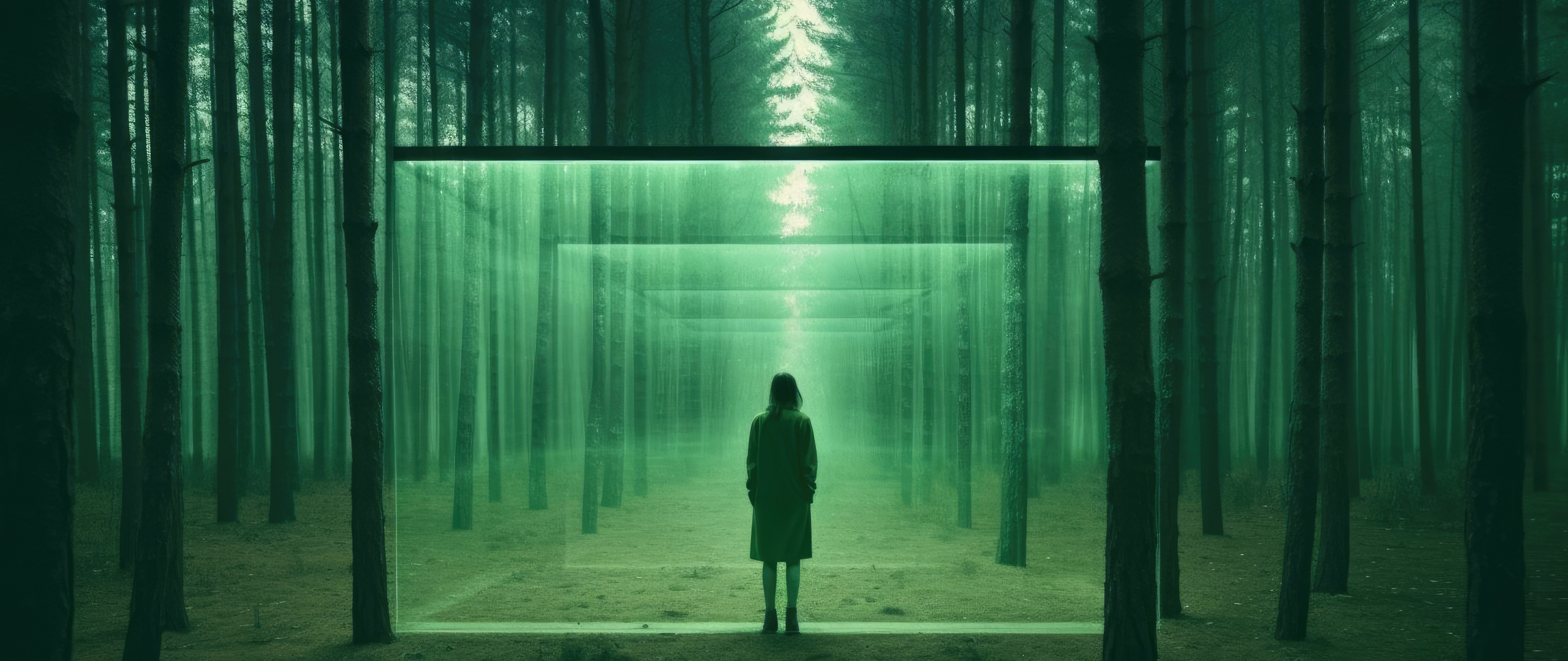 Portal in forest, girl, trees, fantasy, 2560x1080 wallpaper