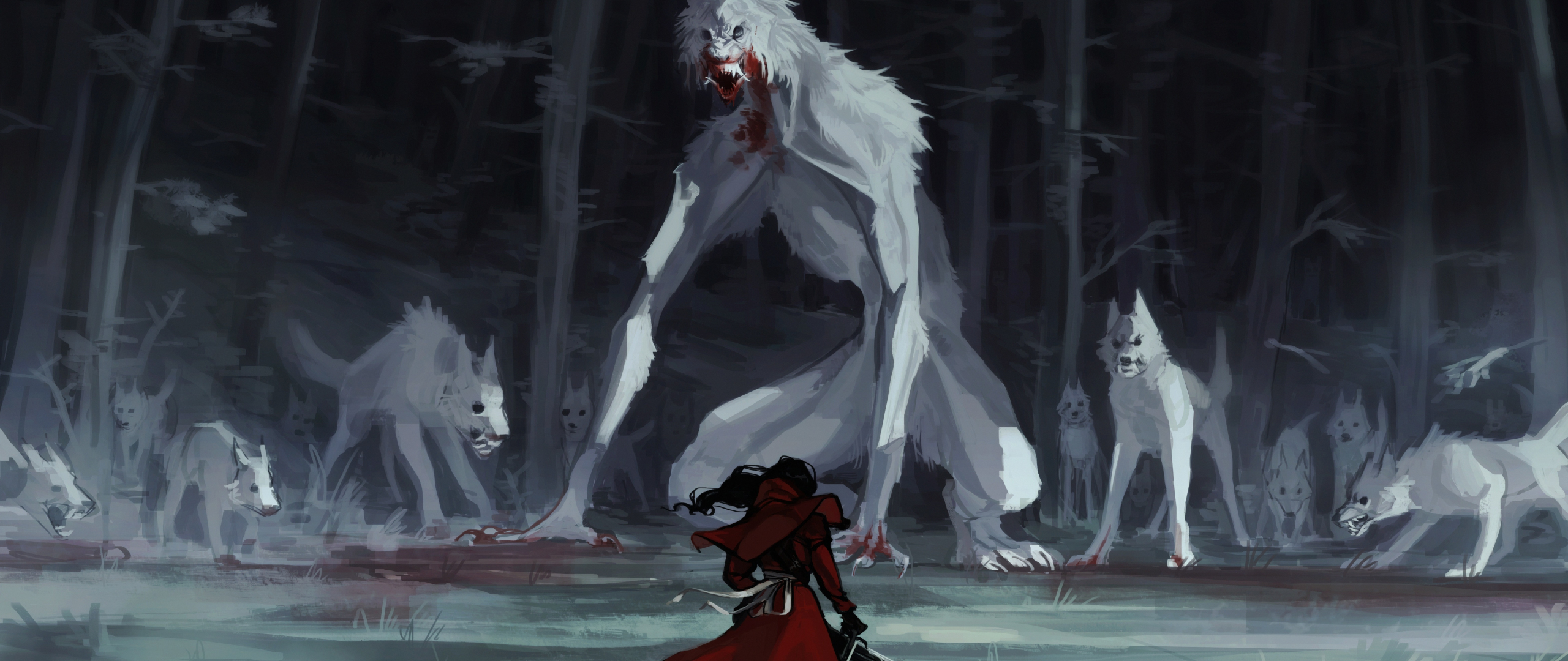 Red riding hood, wolf, fantasy, art, 2560x1080 wallpaper