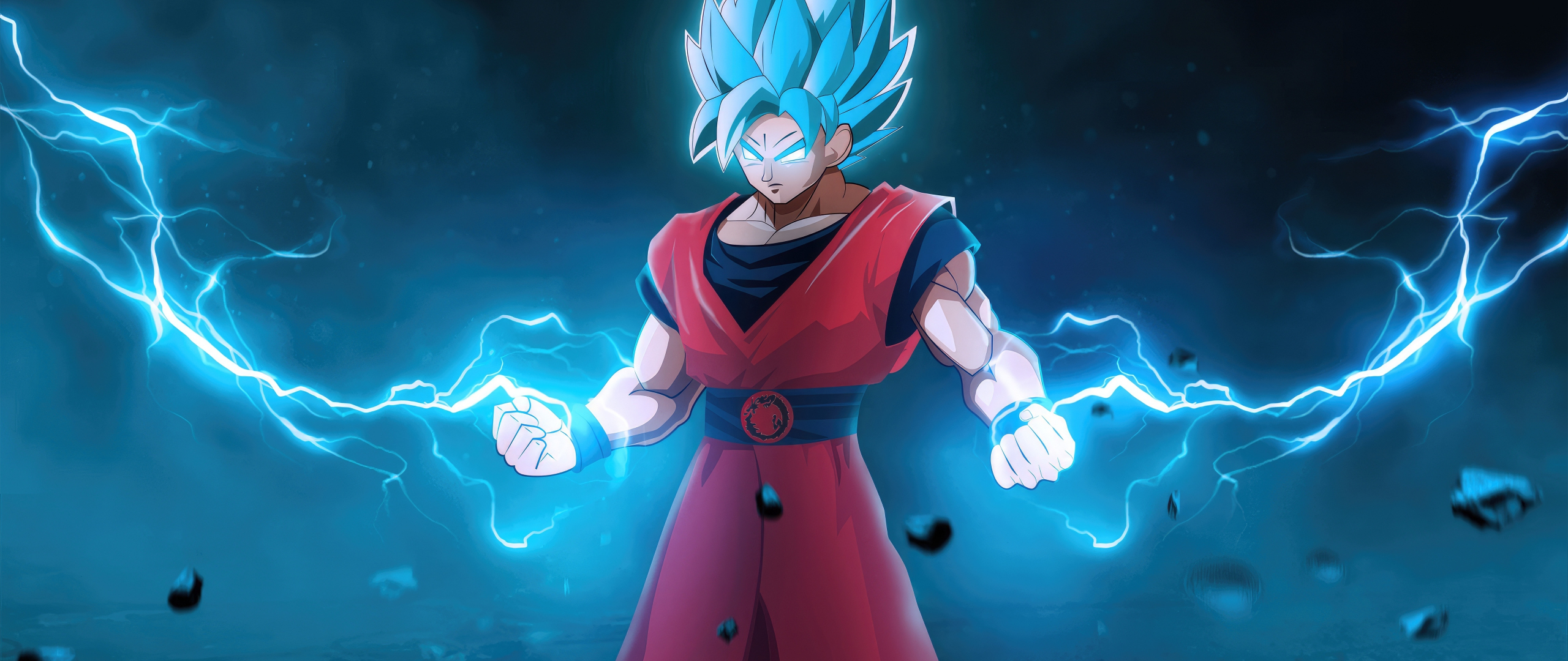 Goku with lightening powers, blue, anime, 2560x1080 wallpaper