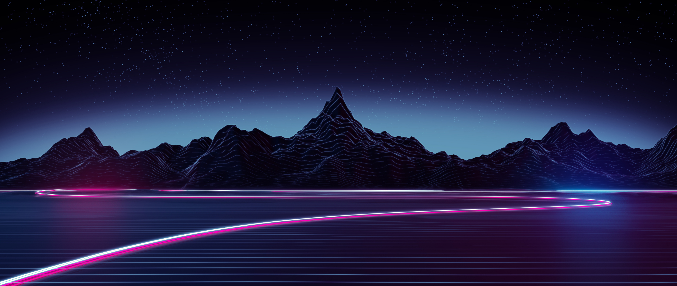 Retrowave art, dark mountains, 2560x1080 wallpaper