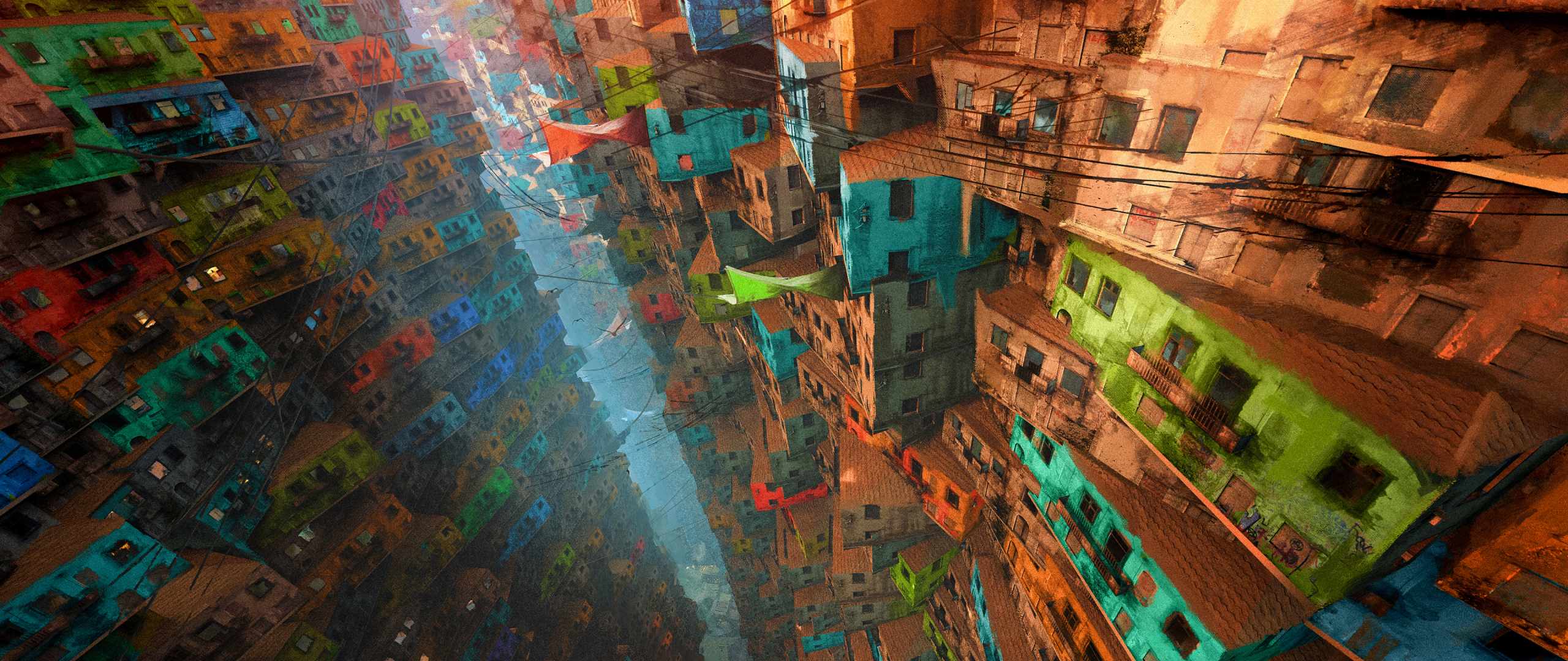 Cityscape, buildings, apartments, colorful, art, 2560x1080 wallpaper
