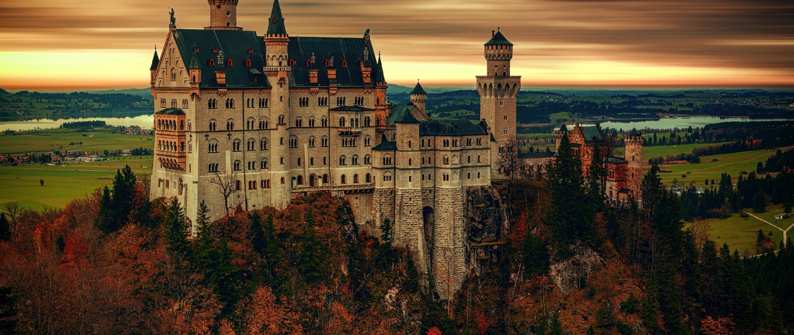 Download 2560x1080 wallpaper castle, old architecture, tree, sunset, dual wide, widescreen ...