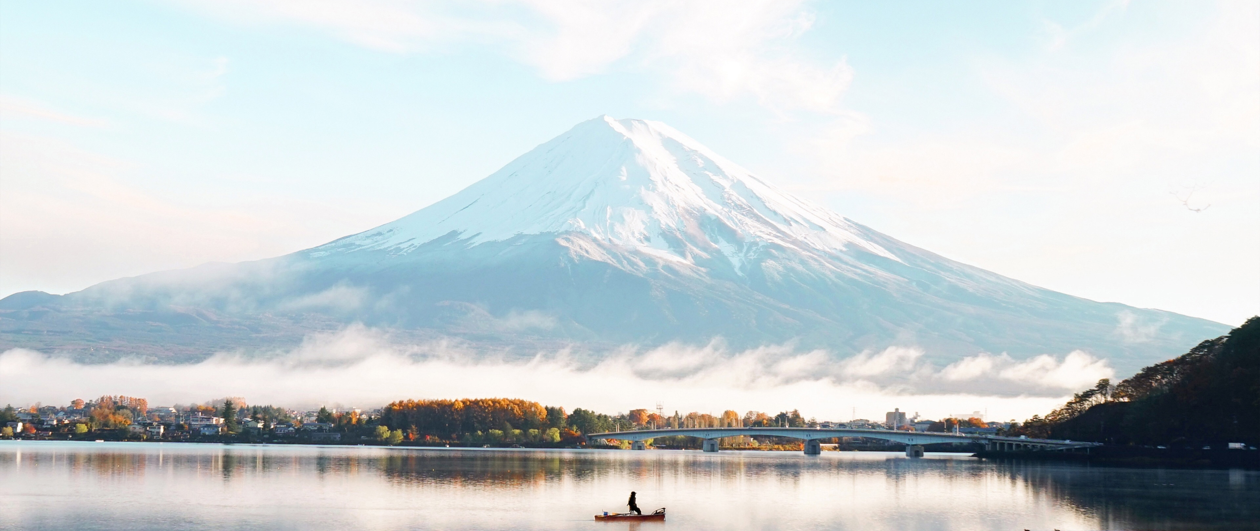 Download Wallpaper 2560x1080 Mount Fuji, Blue, Bright Day, Lake, Dual 