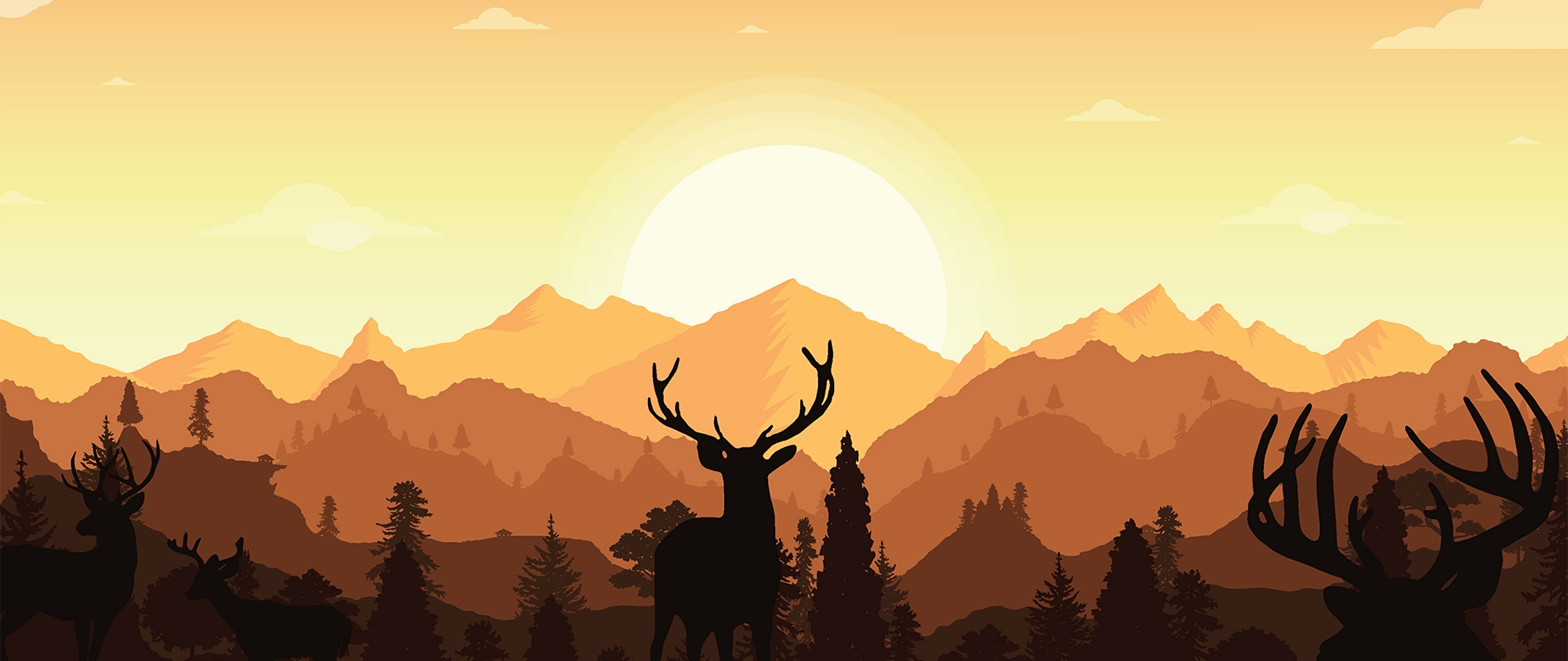 Download wallpaper 2560x1080 deer, sunset, outdoor, silhouette