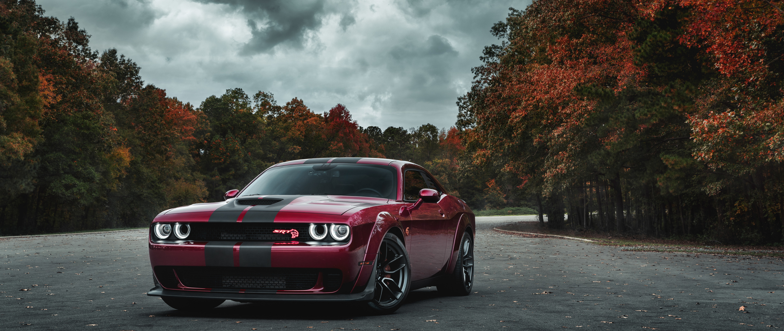 Dodge Challenger SRT Hellcat, muscle car, blood-red car, 2560x1080 wallpaper