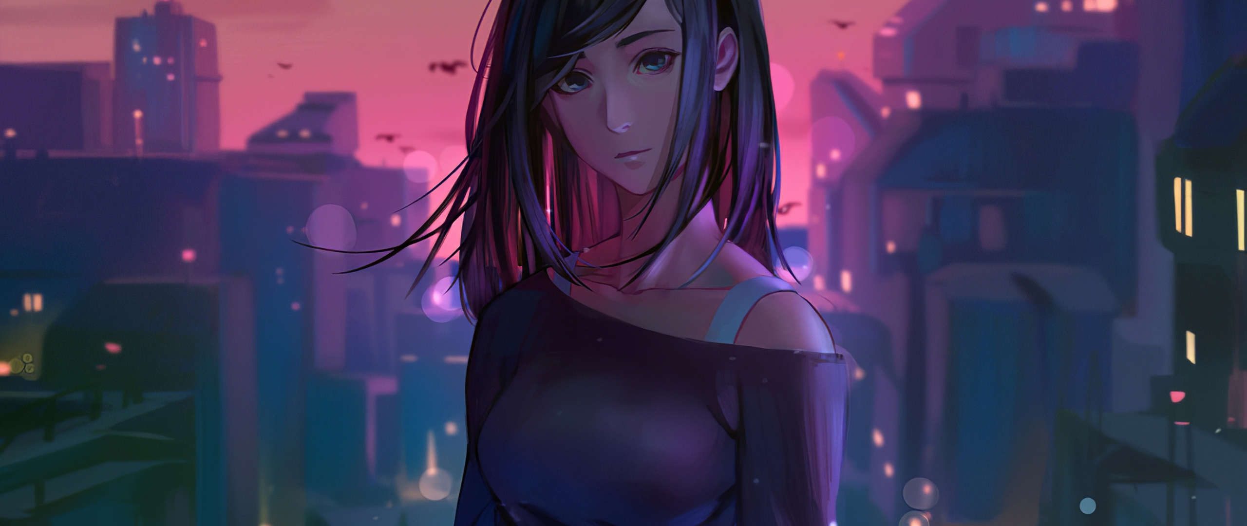 Download wallpaper 2560x1080 beautiful art, anime girl, dawn, city ...