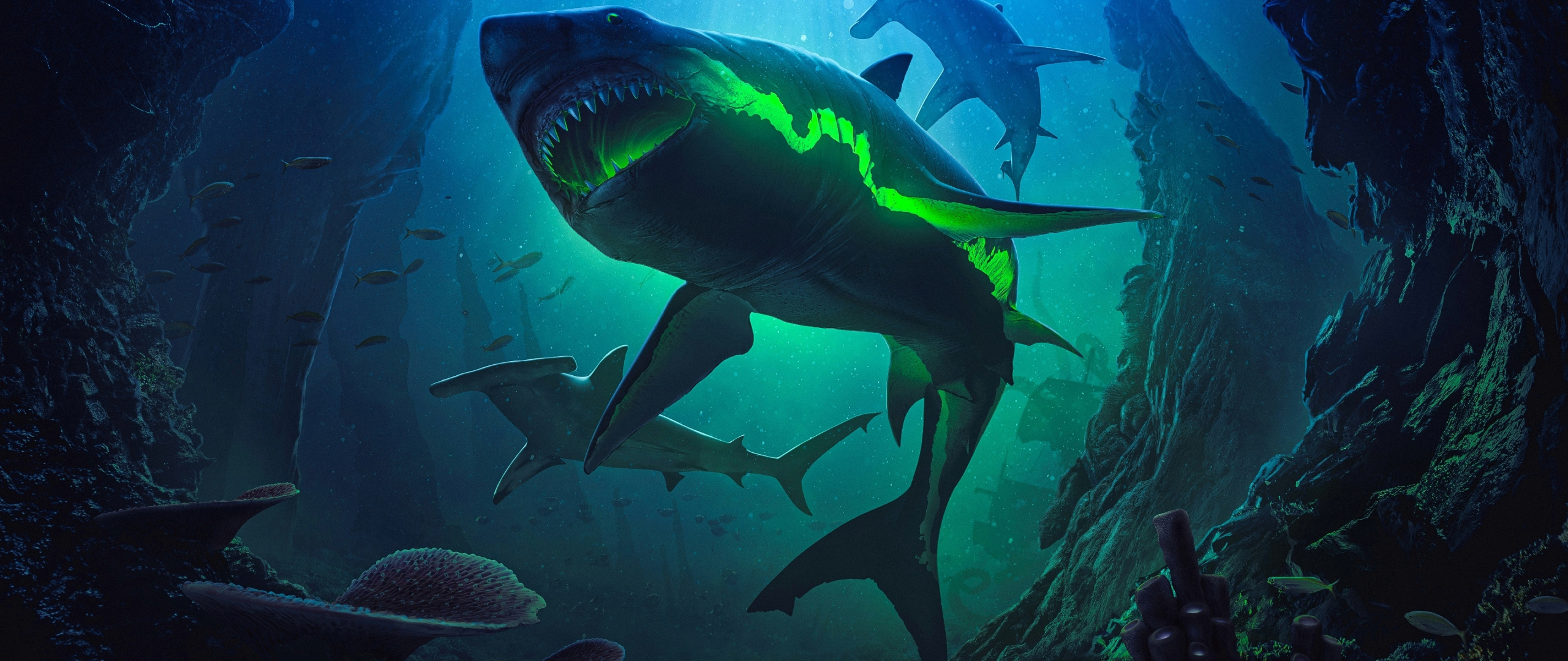 Zombie sharks, underwtaer, 2560x1080 wallpaper