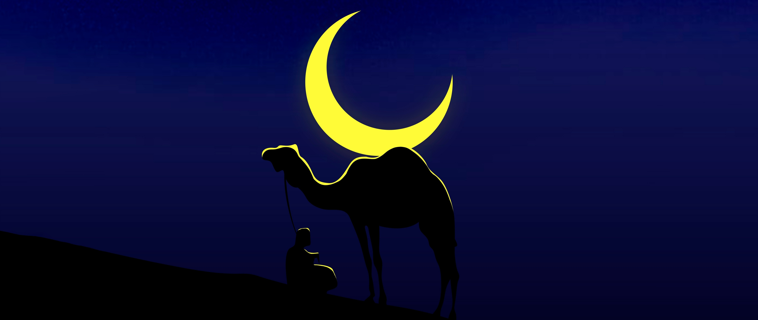 Camel and his master, moon, minimal, 2560x1080 wallpaper