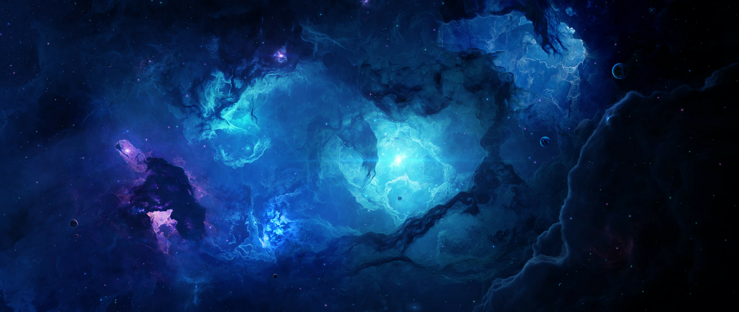 Blue space clouds, space, nebula, cosmic art, 2560x1080 wallpaper