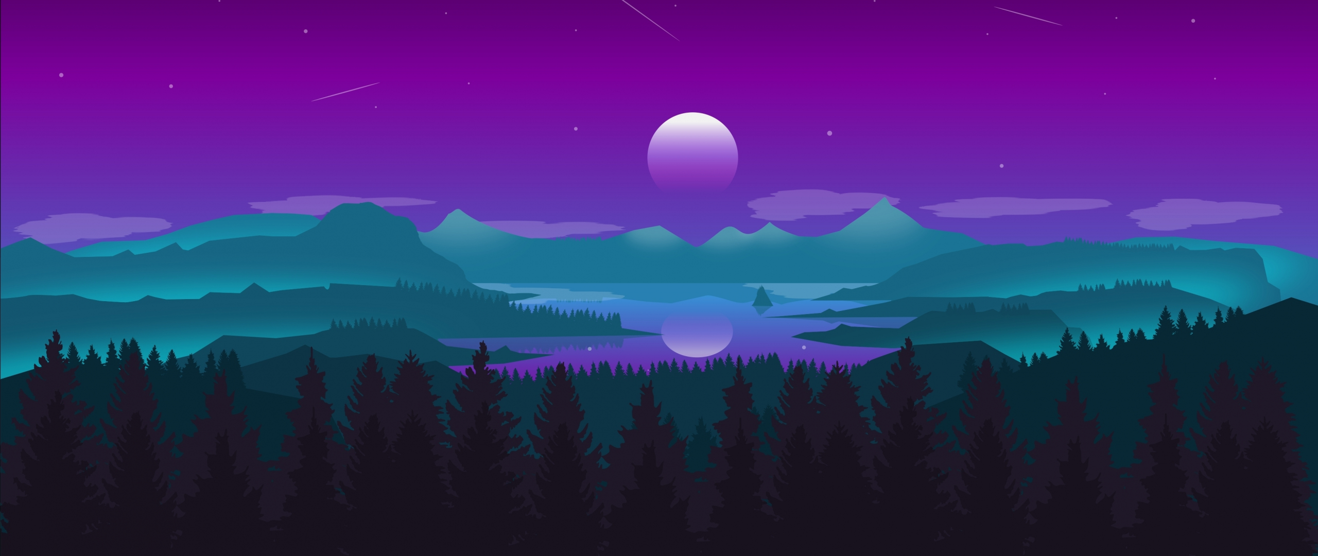 Download wallpaper 2560x1080 horizon, moon, mountains, forest, digital ...