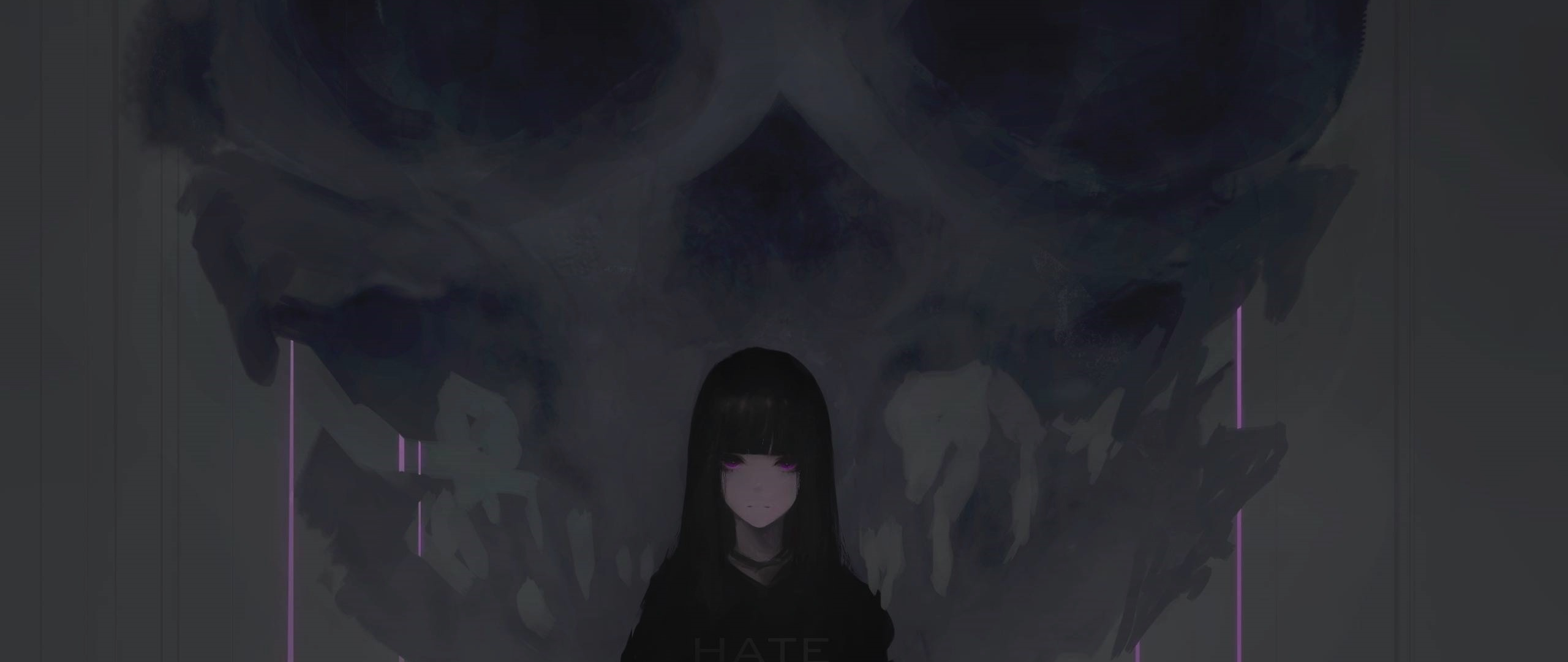 Download 2560x1080 Wallpaper Anime Girl Purple Eyes Dark Skull