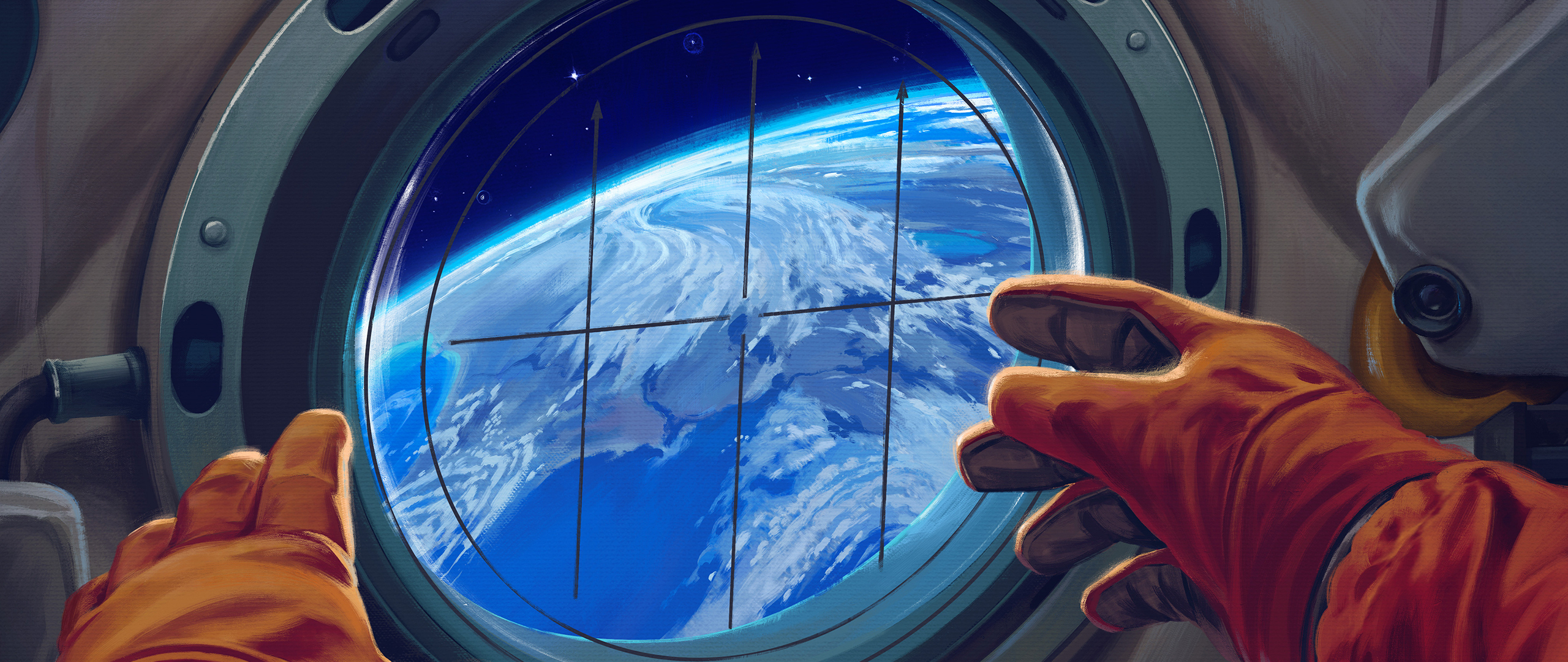 Spacecraft window, astronaut, 2560x1080 wallpaper