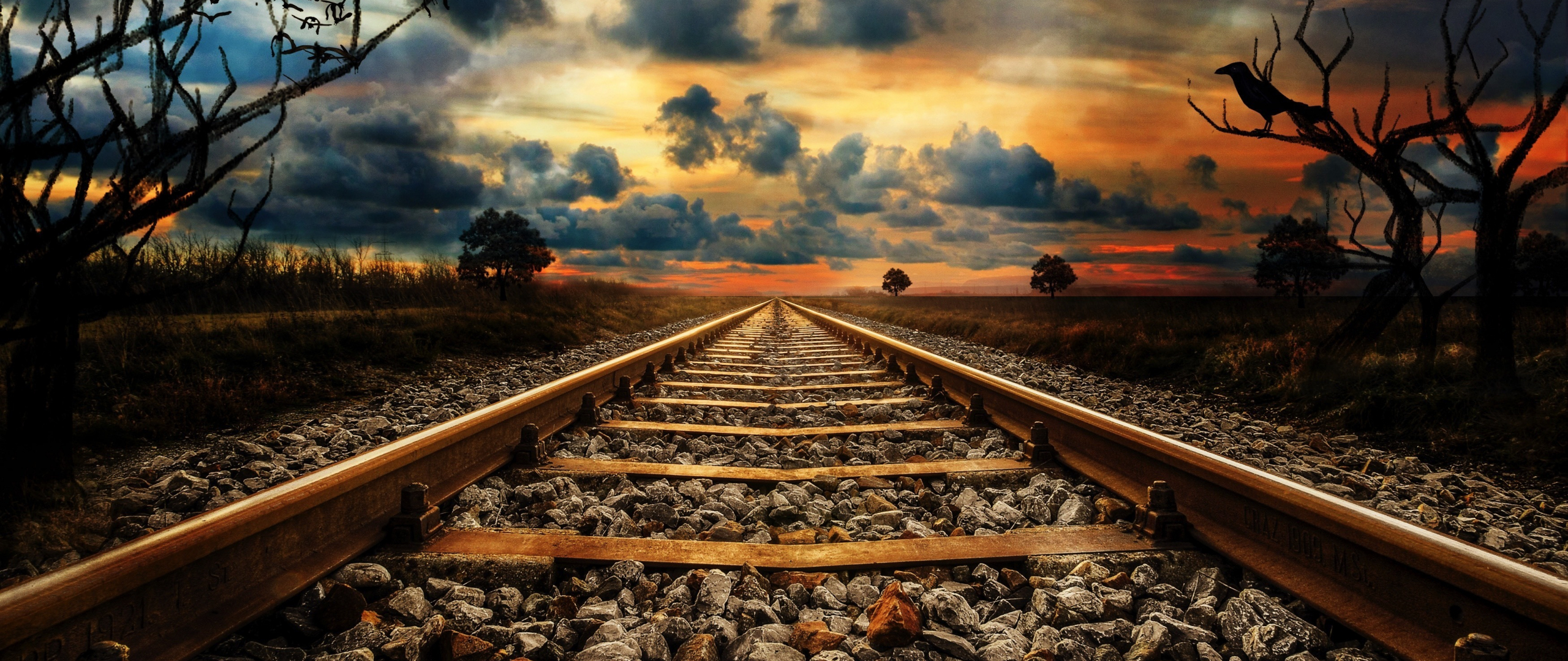 railway line stones sunset clounds