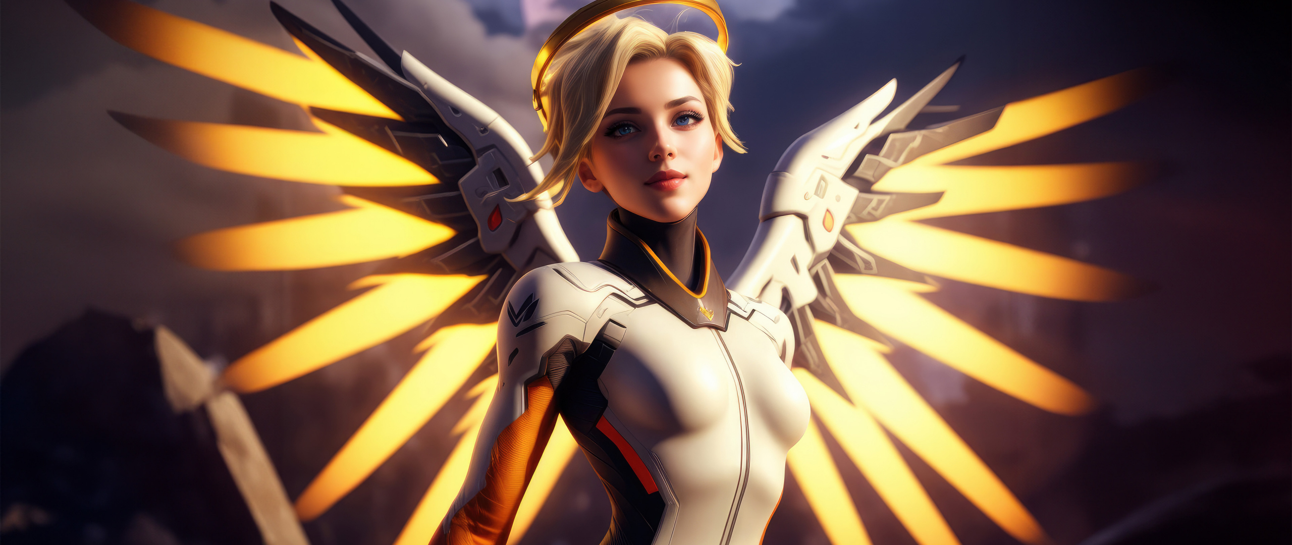 Mercy of Overwatch, The Swiss Angel, golden wings, 2560x1080 wallpaper