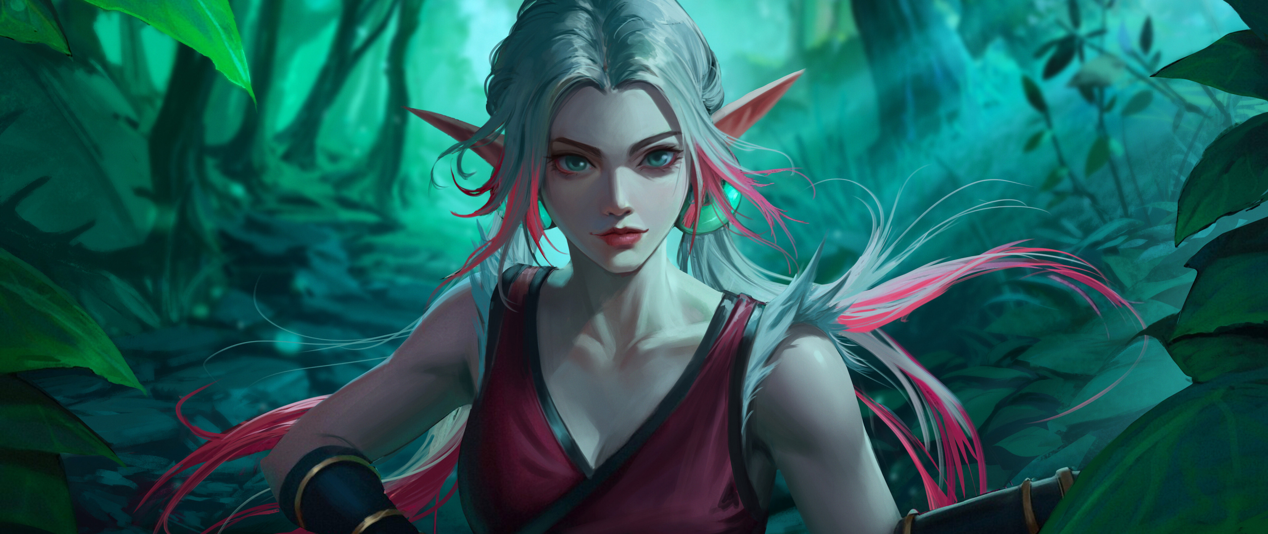 Beautiful elf girl, white-pink hair, fantasy, 2560x1080 wallpaper