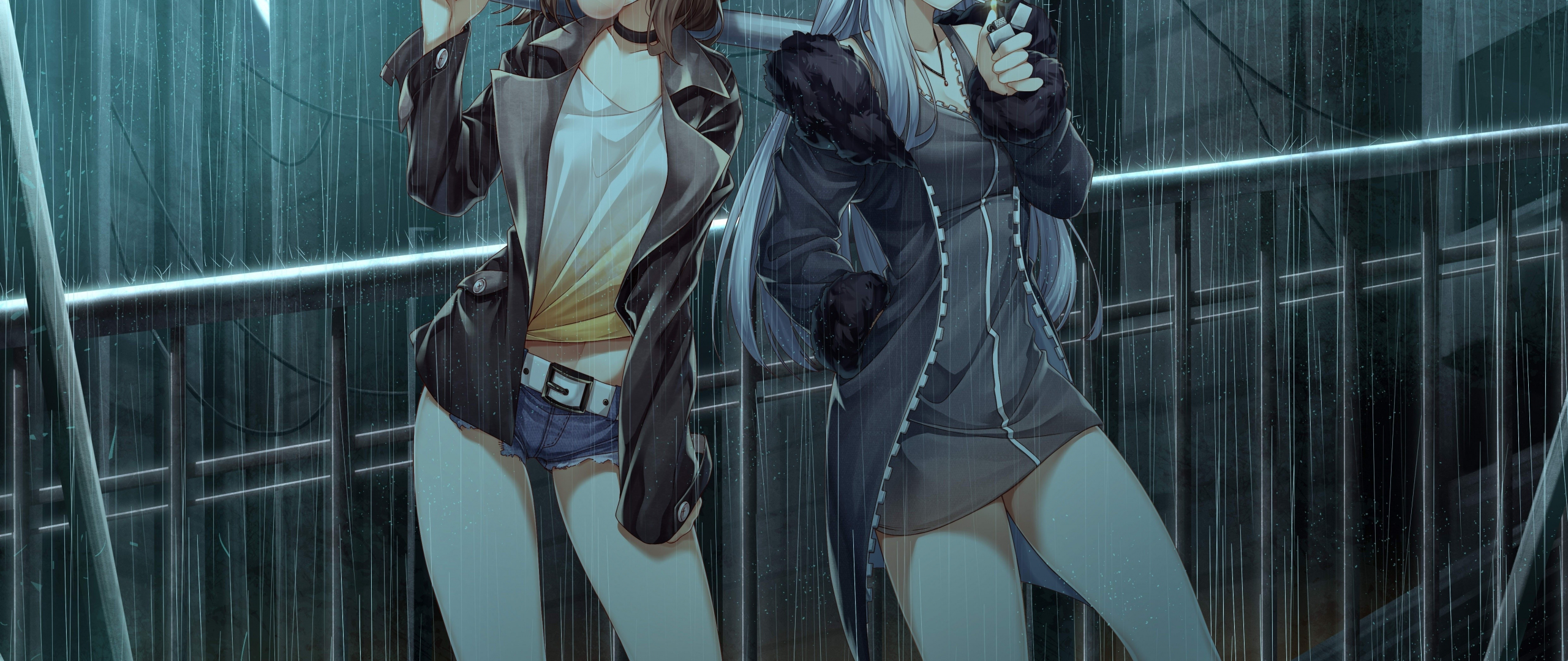 Download 2560x1080 wallpaper anime girls, original, rain ...