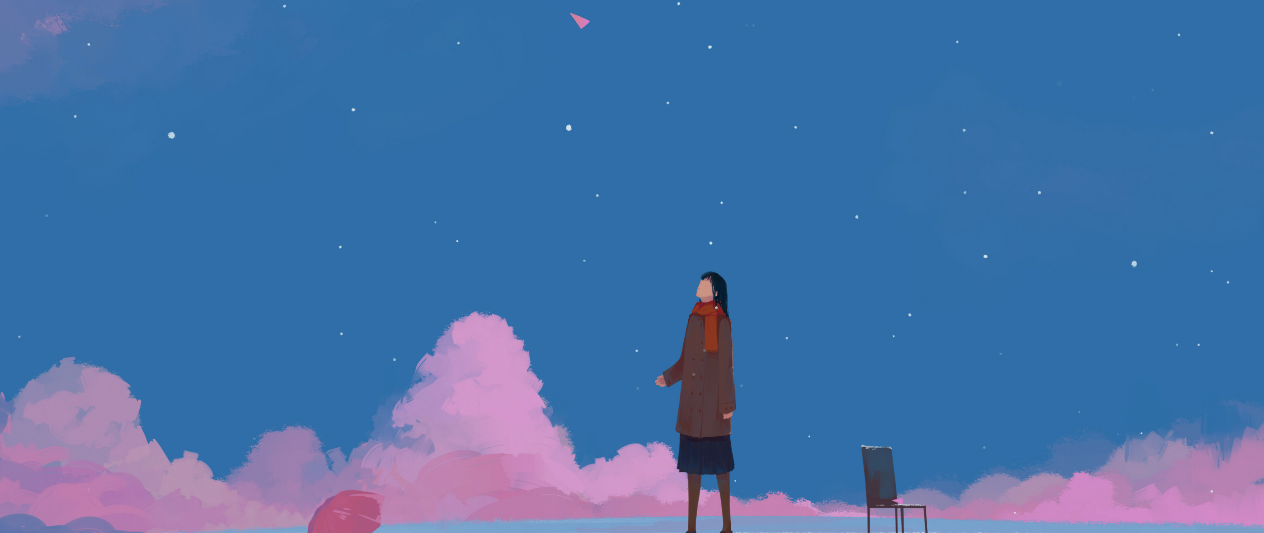 Download wallpaper 2560x1080 minimal, sky, clouds, anime girl, umbrella ...