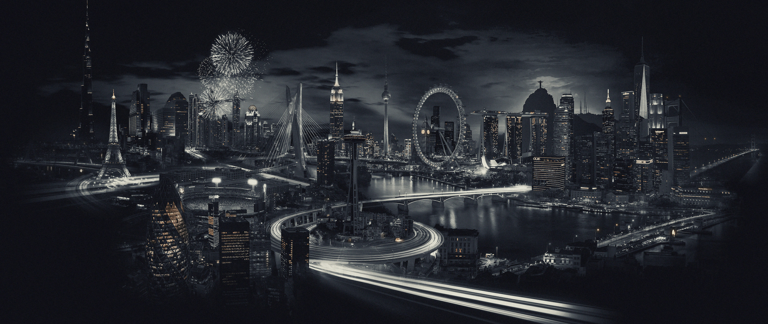 wallpaper 2560x1080 <b>City</b>, around the worlds, Landmarks, bw, <b>city</b>, night.