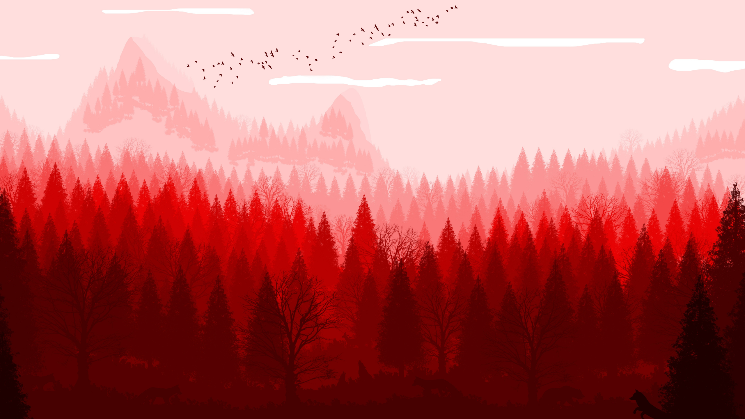 Download 2560x1440 wallpaper red forest, horizon, nature, art, dual