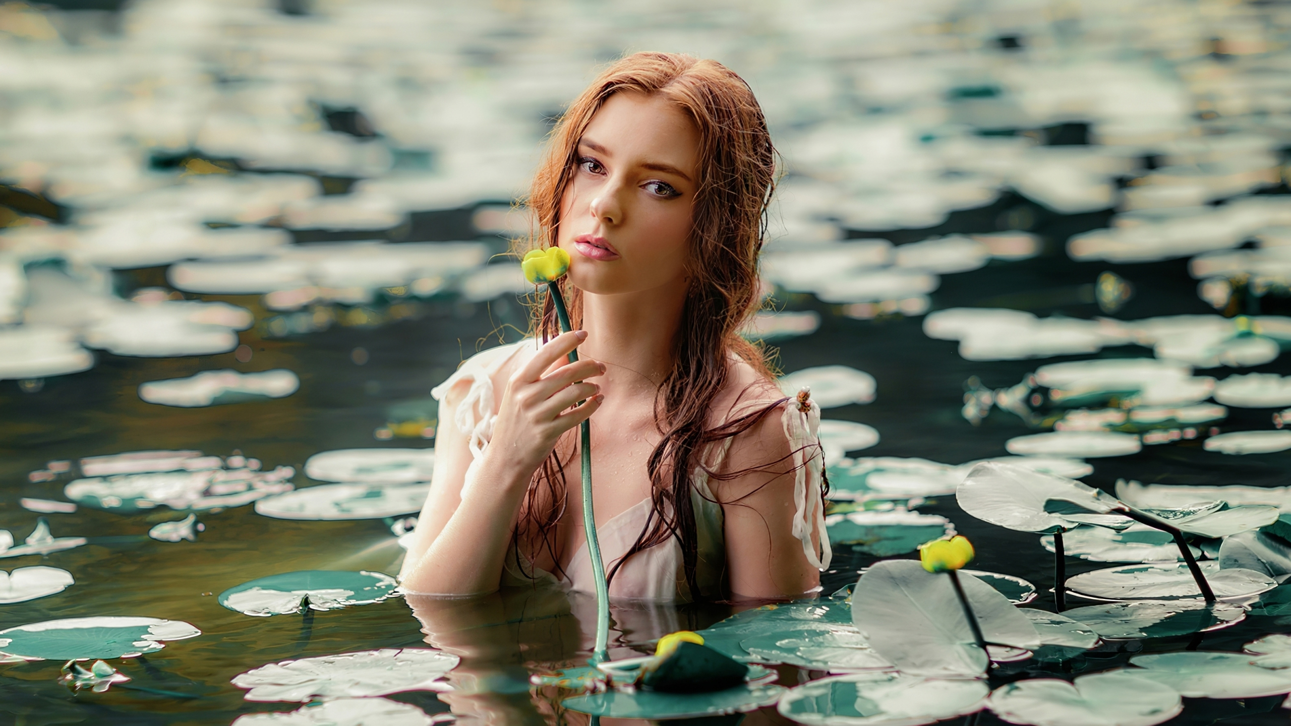 Download 2560x1440 wallpaper girl with flowers, outdoor, lake, dual