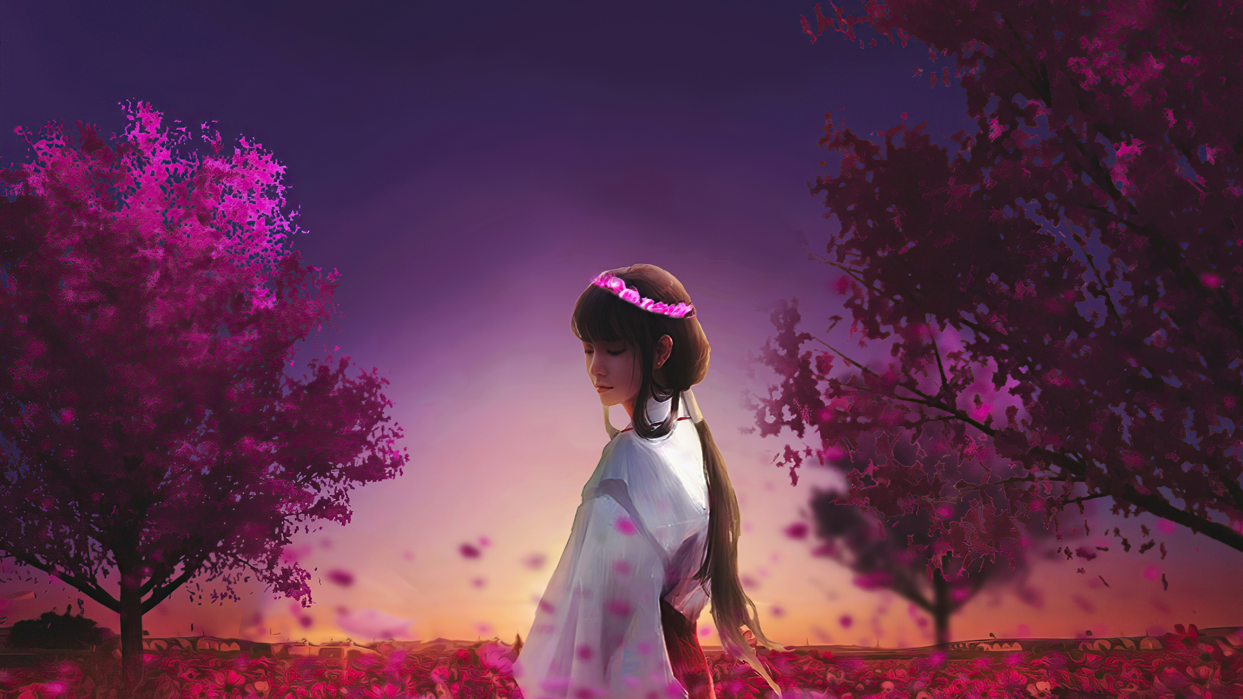 Download wallpaper 2560x1440 ancient dress, anime girl, walk, garden,  blossom, artwork, dual wide 16:9 2560x1440 hd background, 24990