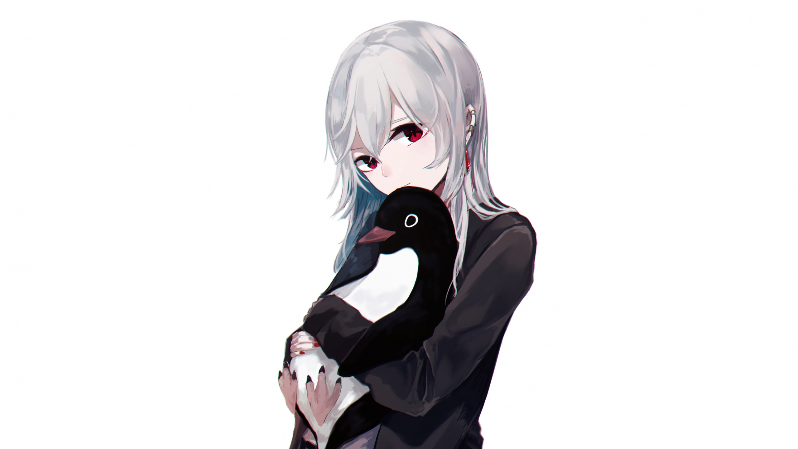 Download wallpaper 2560x1440 anime girl, cute, white hair, original,  penguin, dual wide 16:9 2560x1440 hd background, 5871