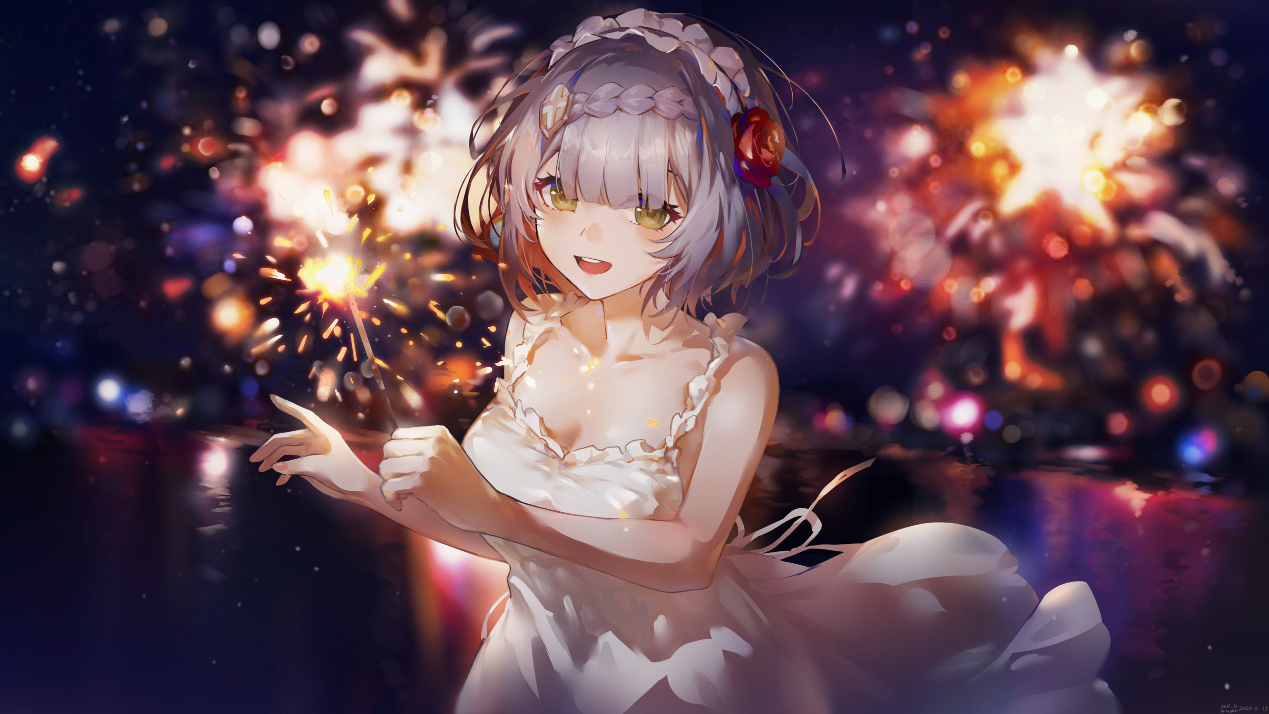 White dress, cute anime girl, art, 2560x1440 wallpaper