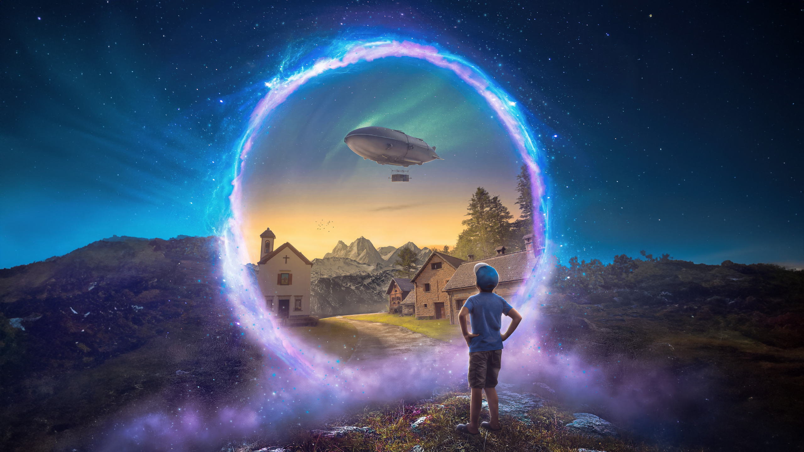 Dreamworld, gateway to a new world, a boy at portal, 2560x1440 wallpaper