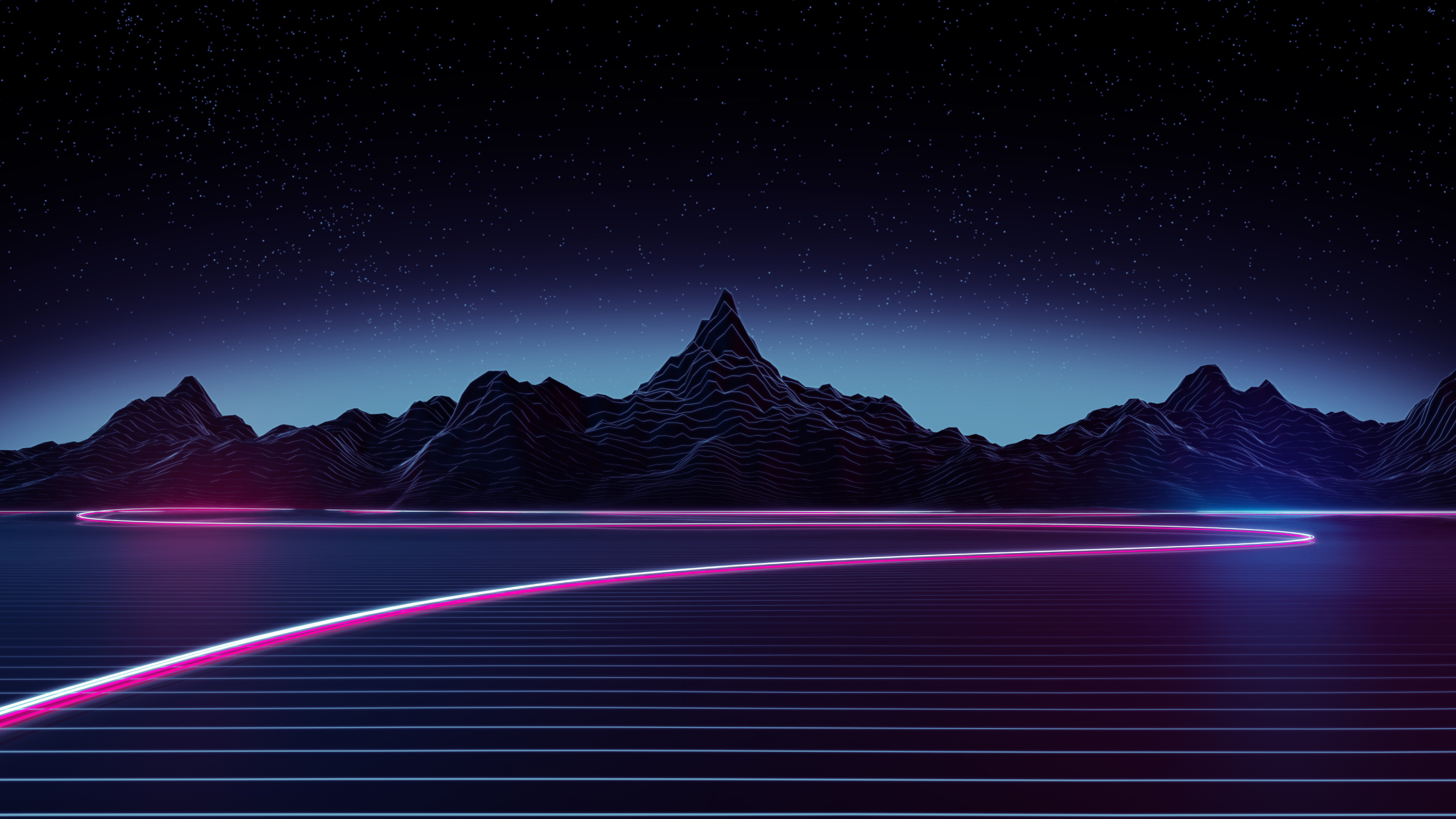 Retrowave art, dark mountains, 2560x1440 wallpaper