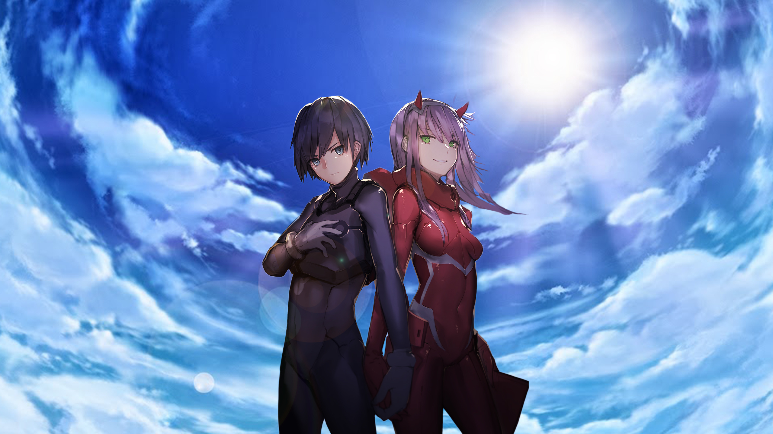 Download wallpaper 2560x1440 hiro and zero two, anime, happy, couple, dual  wide 16:9 2560x1440 hd background, 8169