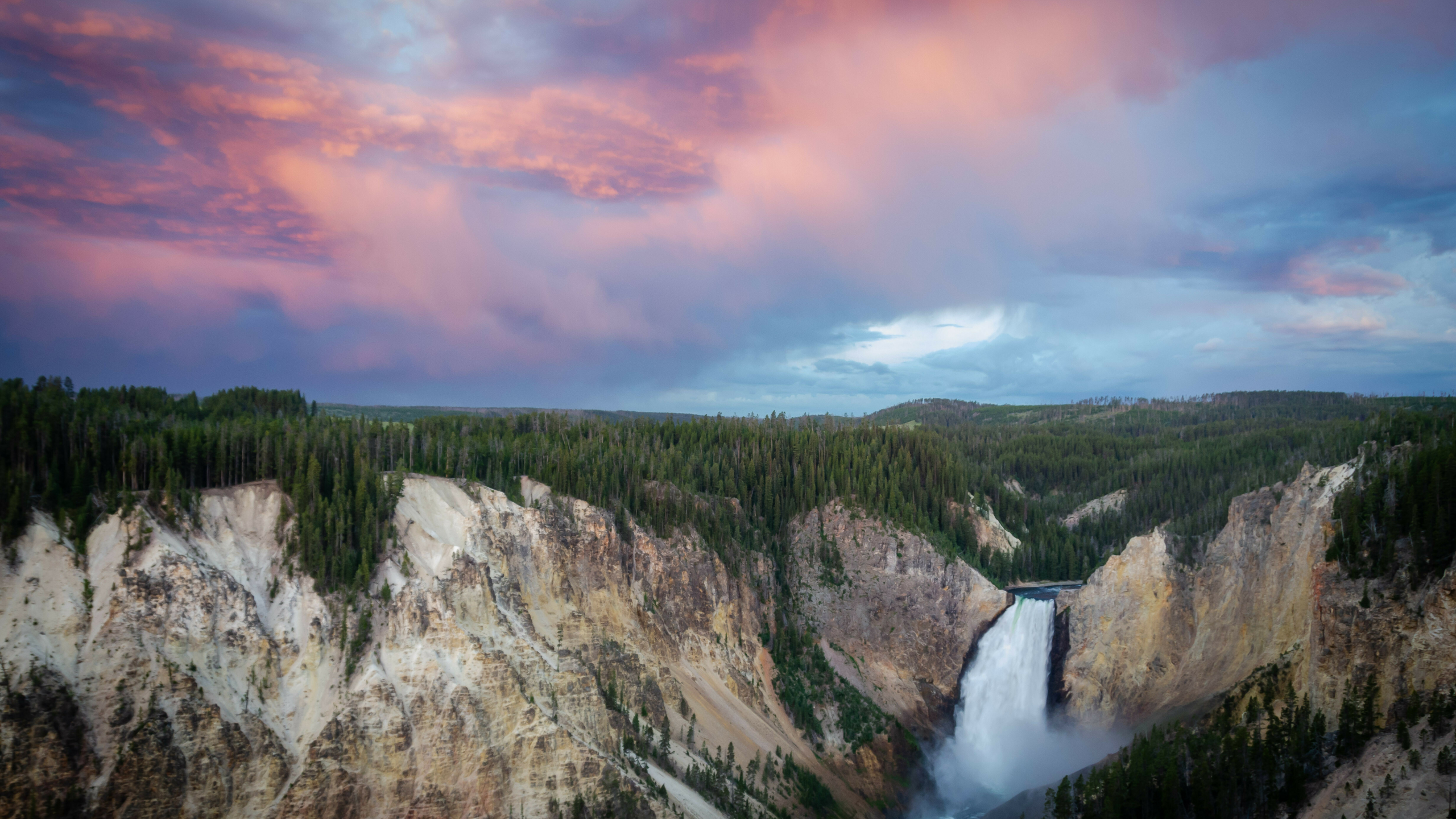 Download wallpaper 2560x1440 yellowstone national park, forest, sunset,  nature, dual wide 16:9 2560x1440 hd background, 28715