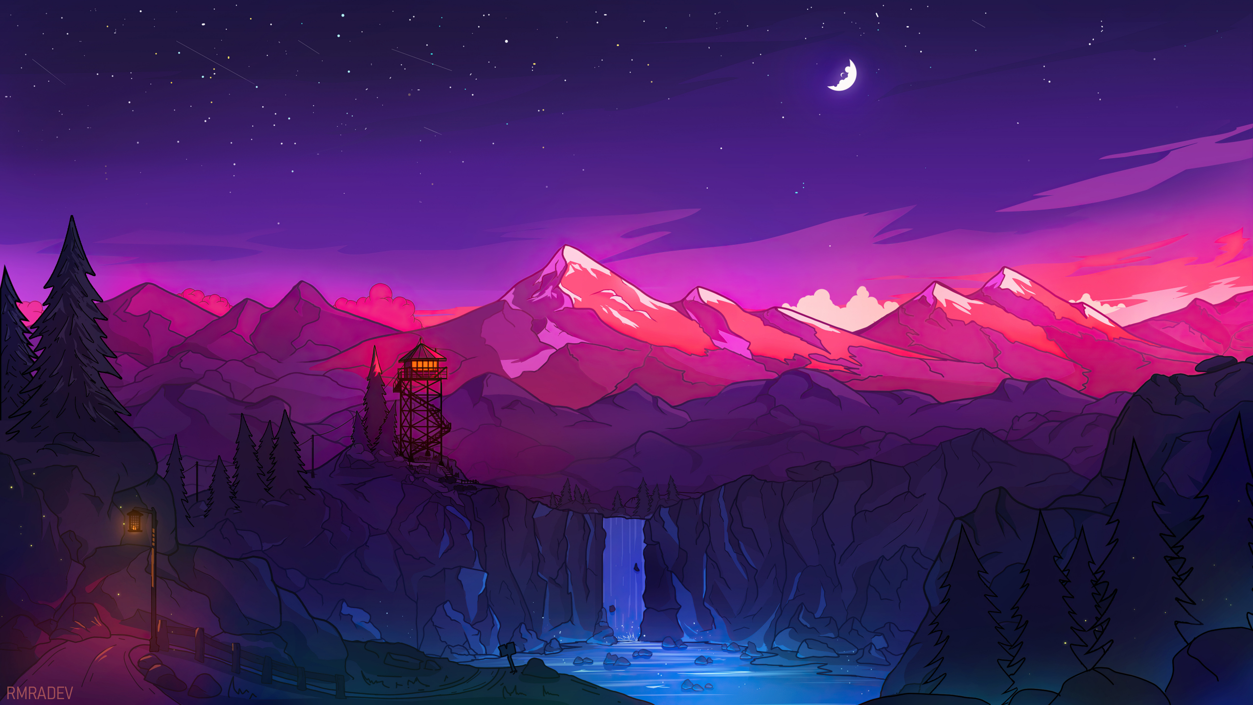 Download wallpaper 2560x1440 colorful mountains, night, waterfall, minimal,  dual wide 16:9 2560x1440 hd background, 27319