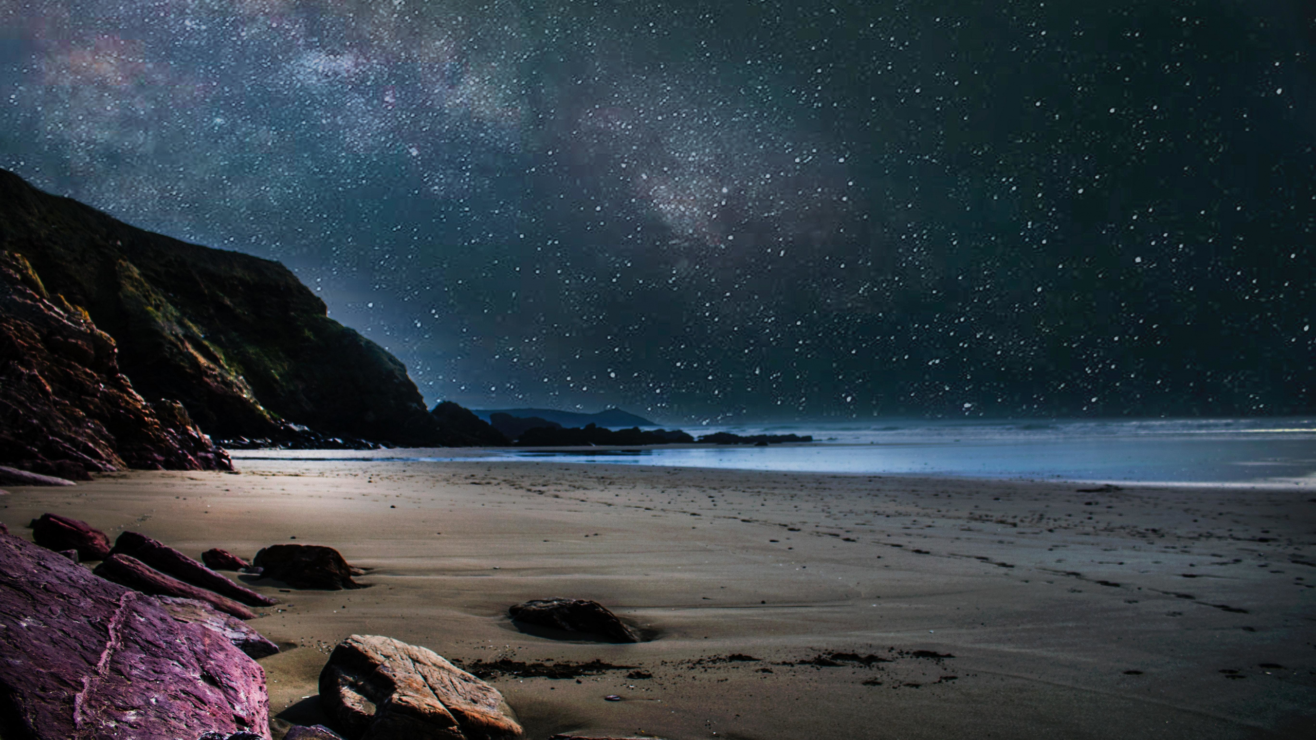 Download wallpaper 2560x1440 beach, starry night, sky, nature, dual ...