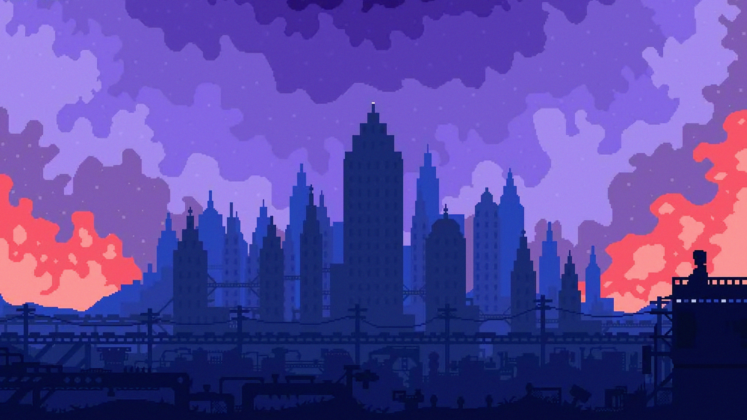 Download 2560x1440 Wallpaper High Skies Buildings Silhouette Cityscape Pixel Art Dual Wide Widescreen 16 9 Widescreen 2560x1440 Hd Image Background