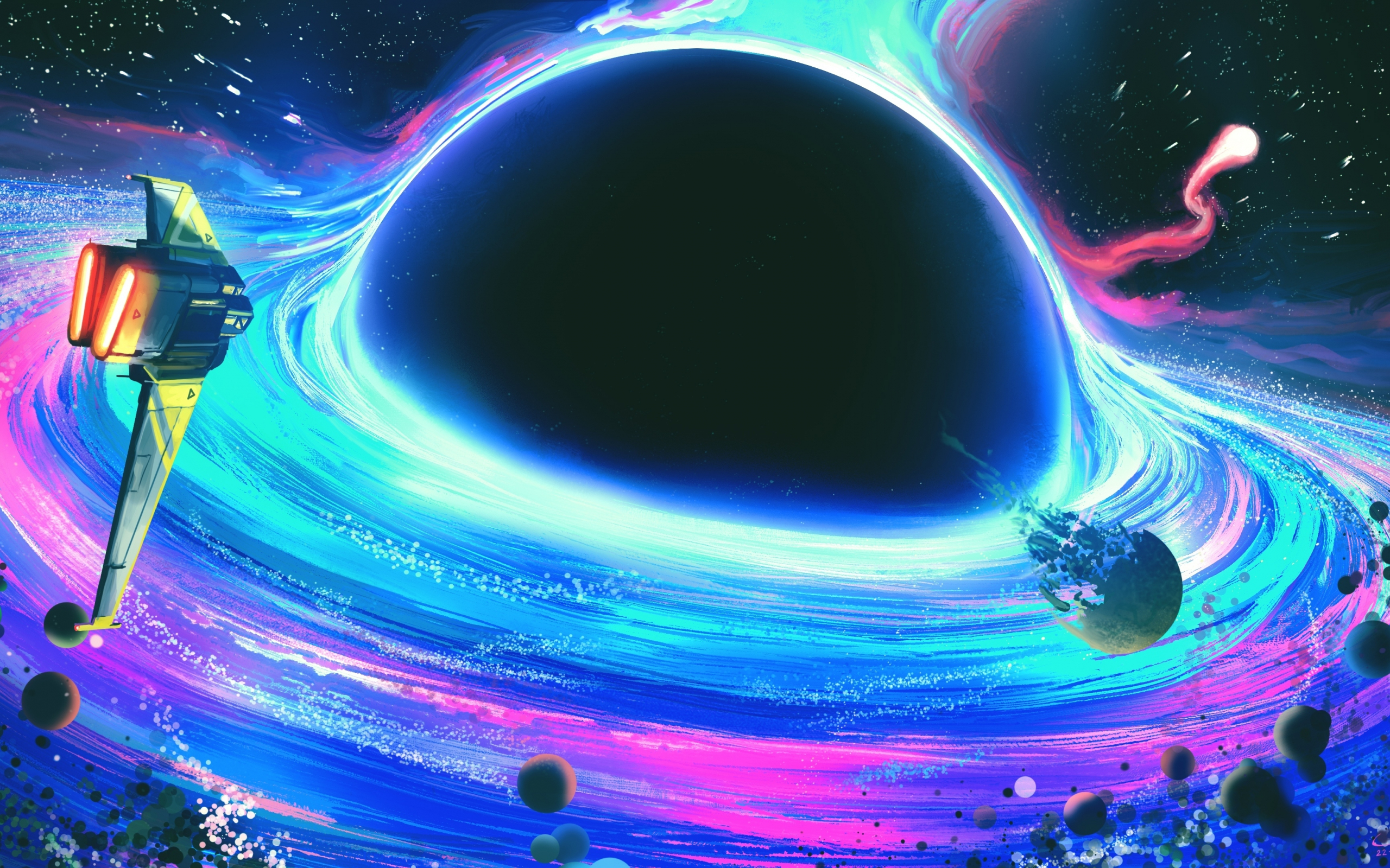 Spaceship move toward black hole, fantasy, art, 2560x1600 wallpaper