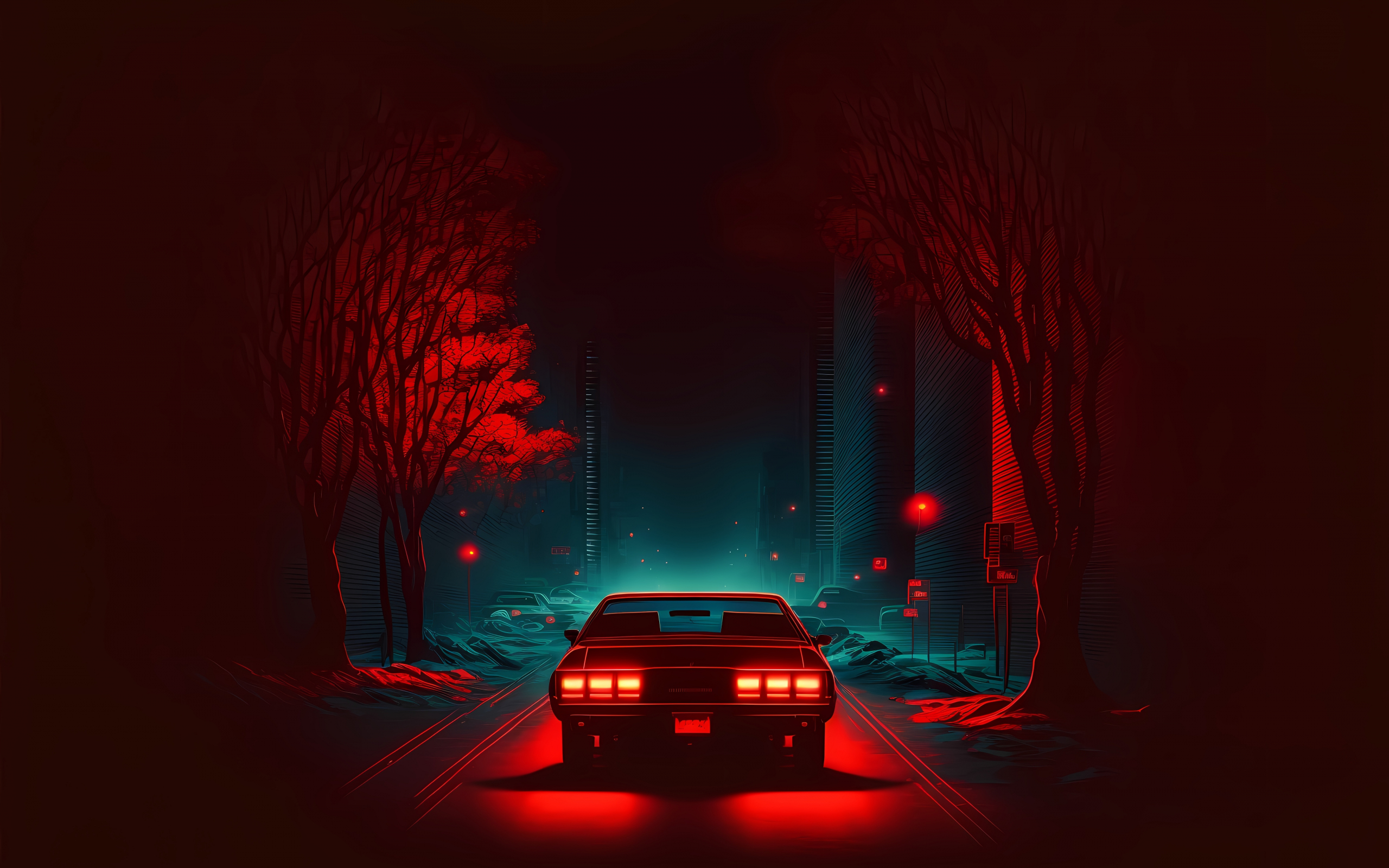 Red car on road, dark and minimal, digital art, 2560x1600 wallpaper