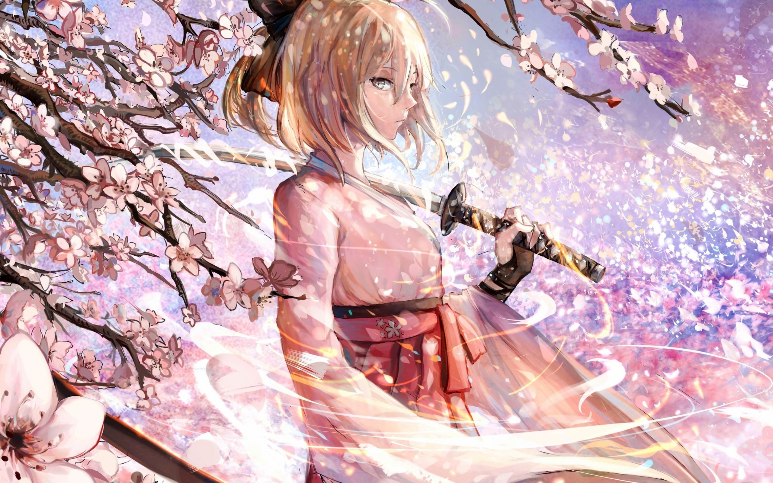 Download Wallpaper X Sakura Saber Katana Cherry Blossom Anime Dual Wide