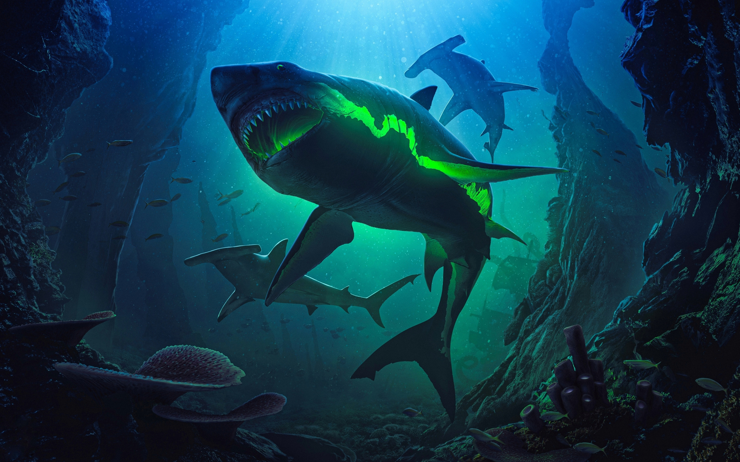Zombie sharks, underwtaer, 2560x1600 wallpaper