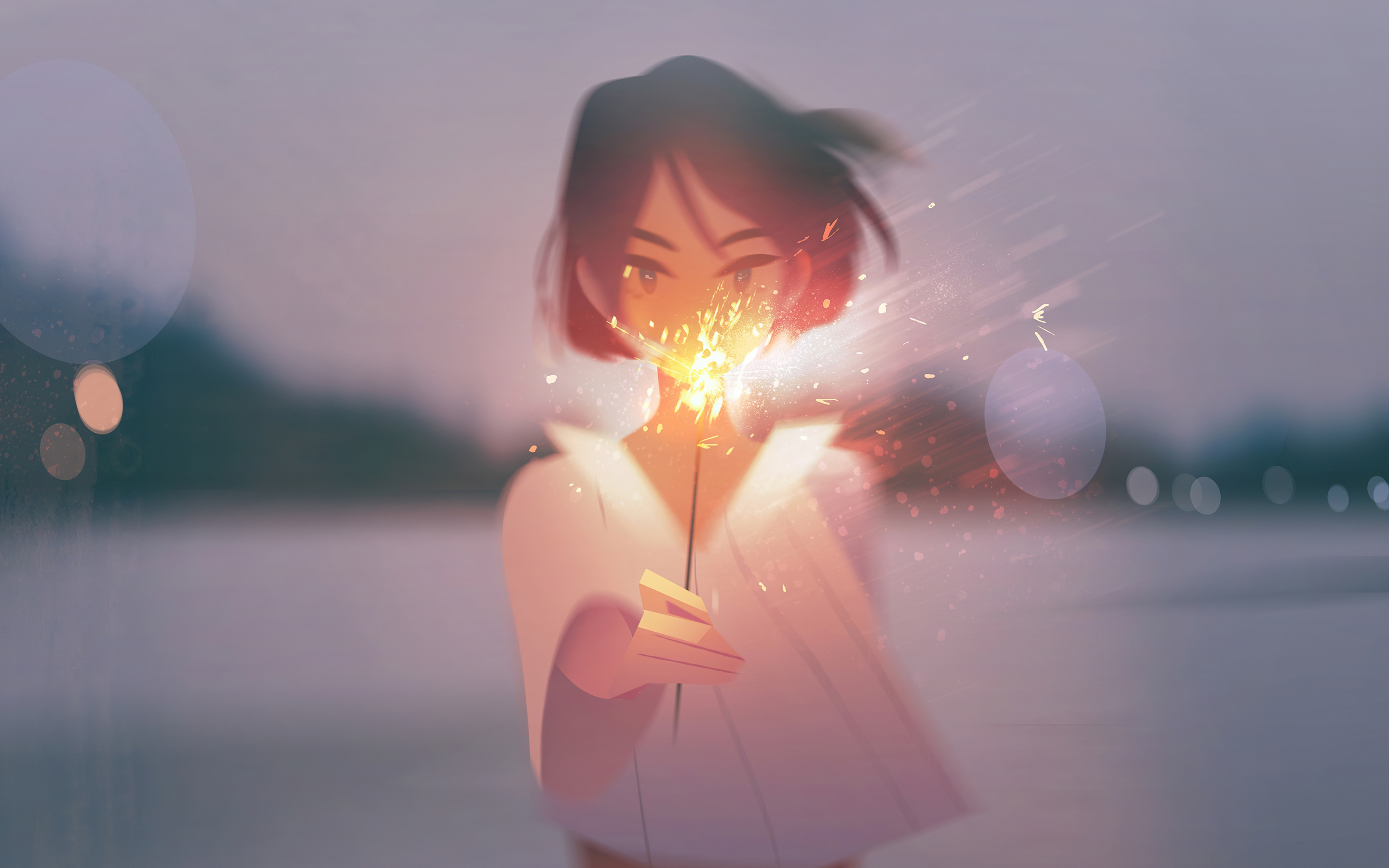 Anime girl with sparkler, original, anime, 2880x1800 wallpaper