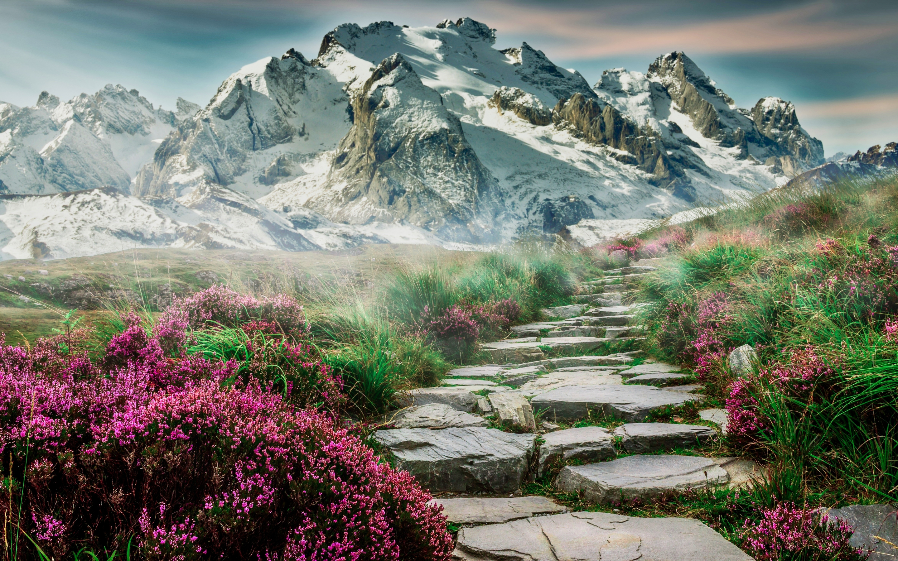 Scenic, spring, mountain, rocks steps, pathway, 2880x1800 wallpaper