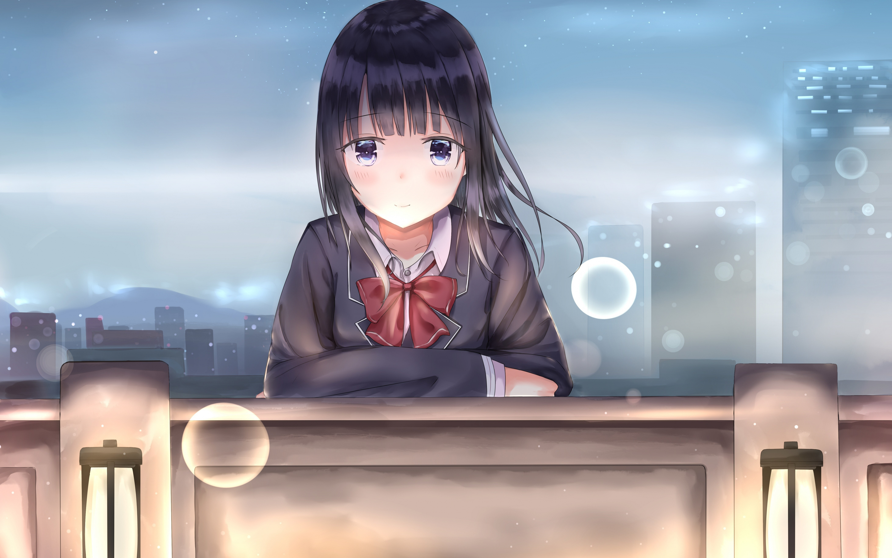 School uniform, anime girl, cute, sad, 2880x1800 wallpaper