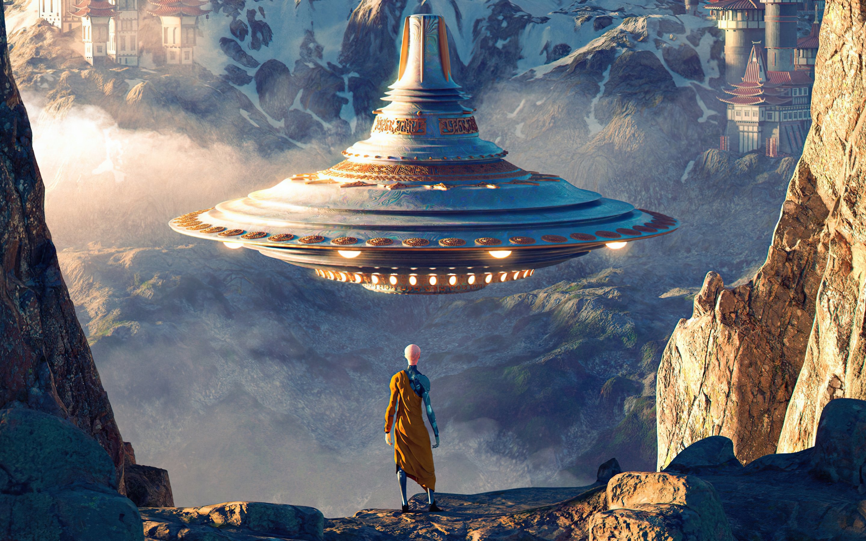 Fantasy, Sci-fi, alien ship, monk, 2880x1800 wallpaper