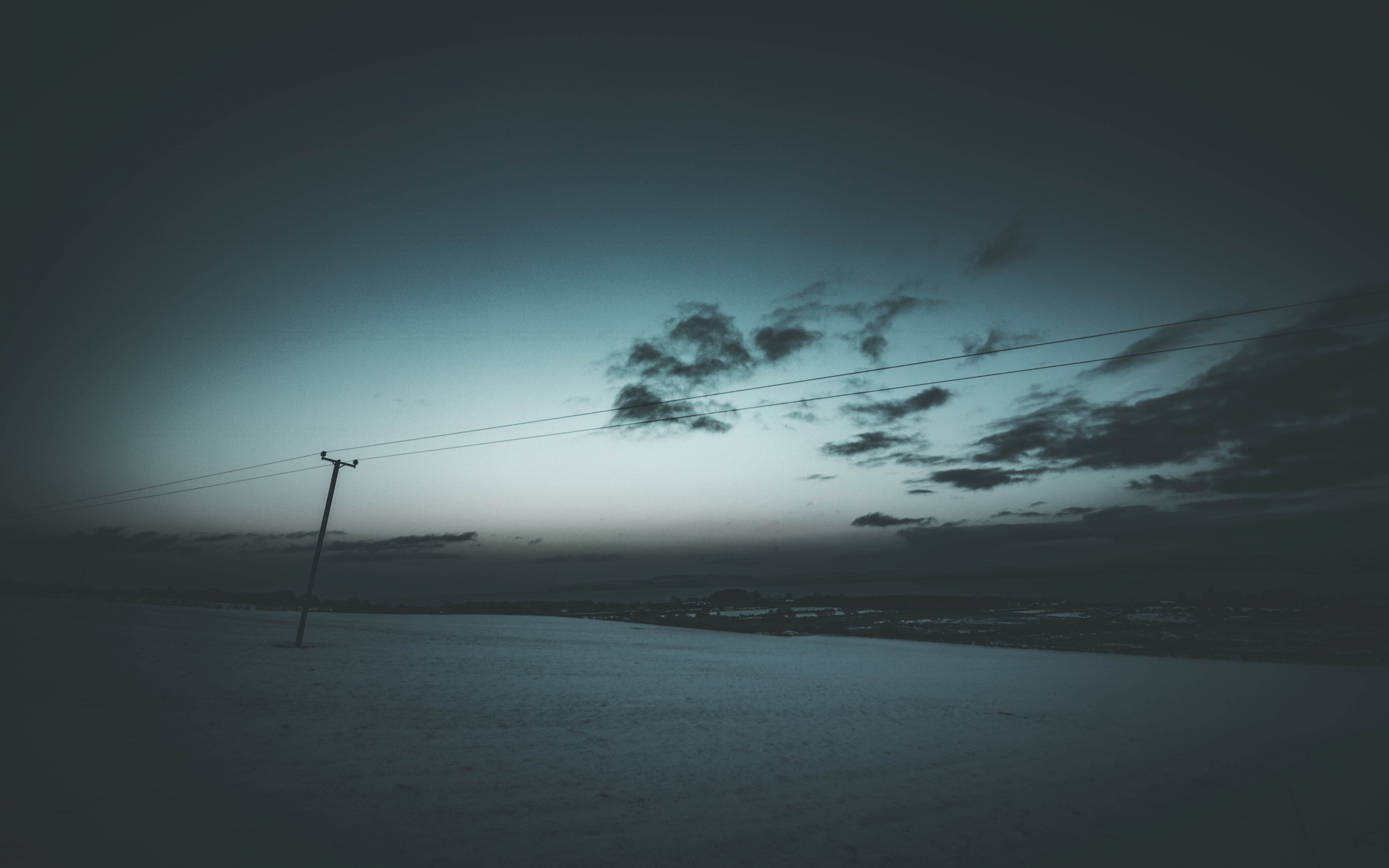 Minimal, evening, electrical poles, clouds, landscape, 2880x1800 wallpaper