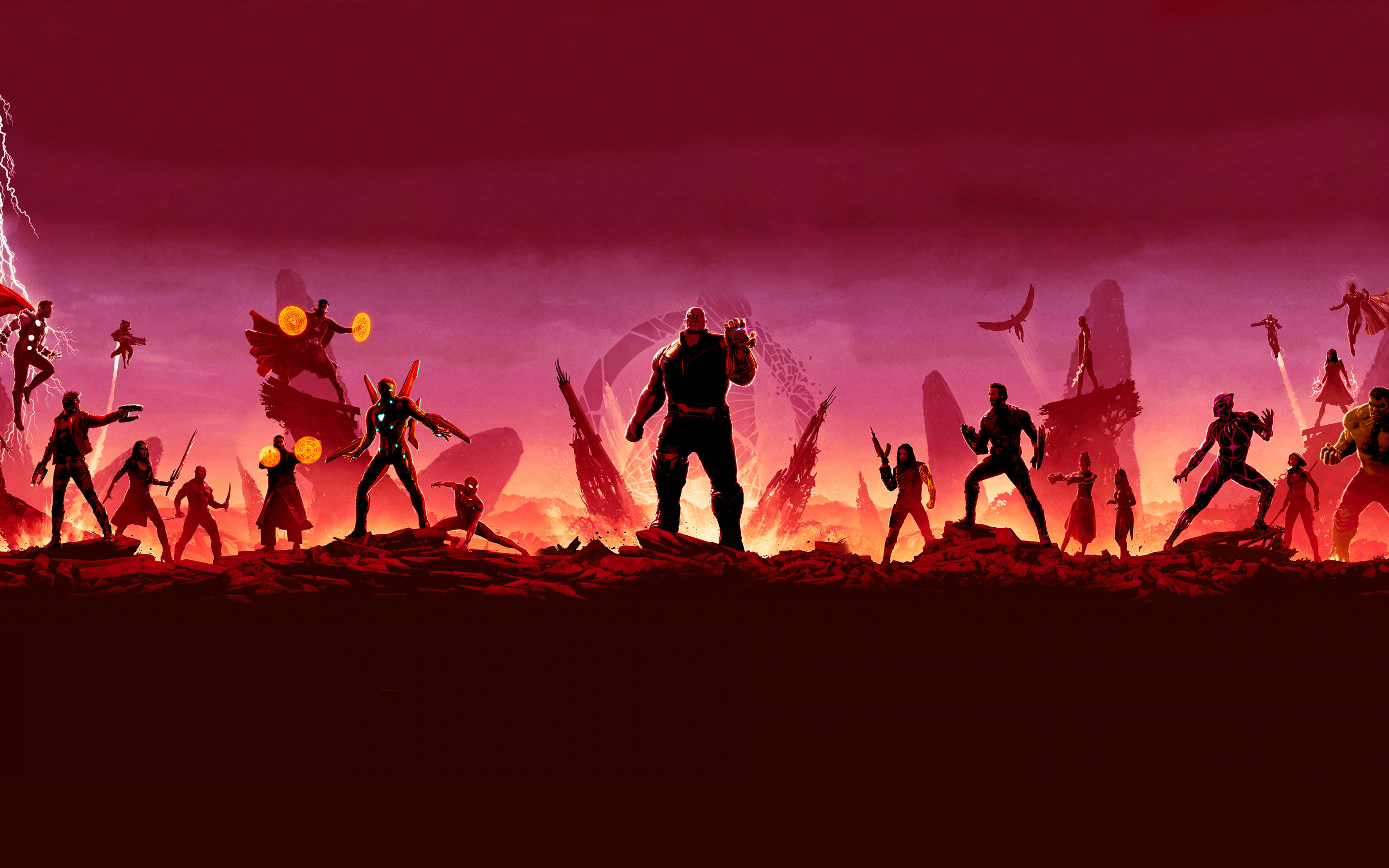 Avengers: Infinity war, Thanos, and all heroes, silhouette, artwork, 2880x1800 wallpaper